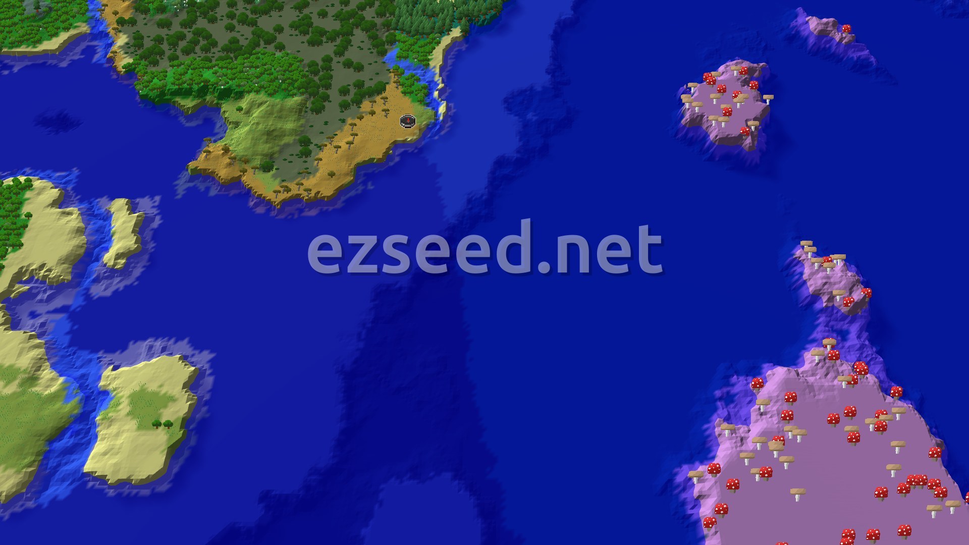 A bird's-eye view of a coastline with green forests, tan savannas, and blue oceans. Several mushroom islands dot the sea.