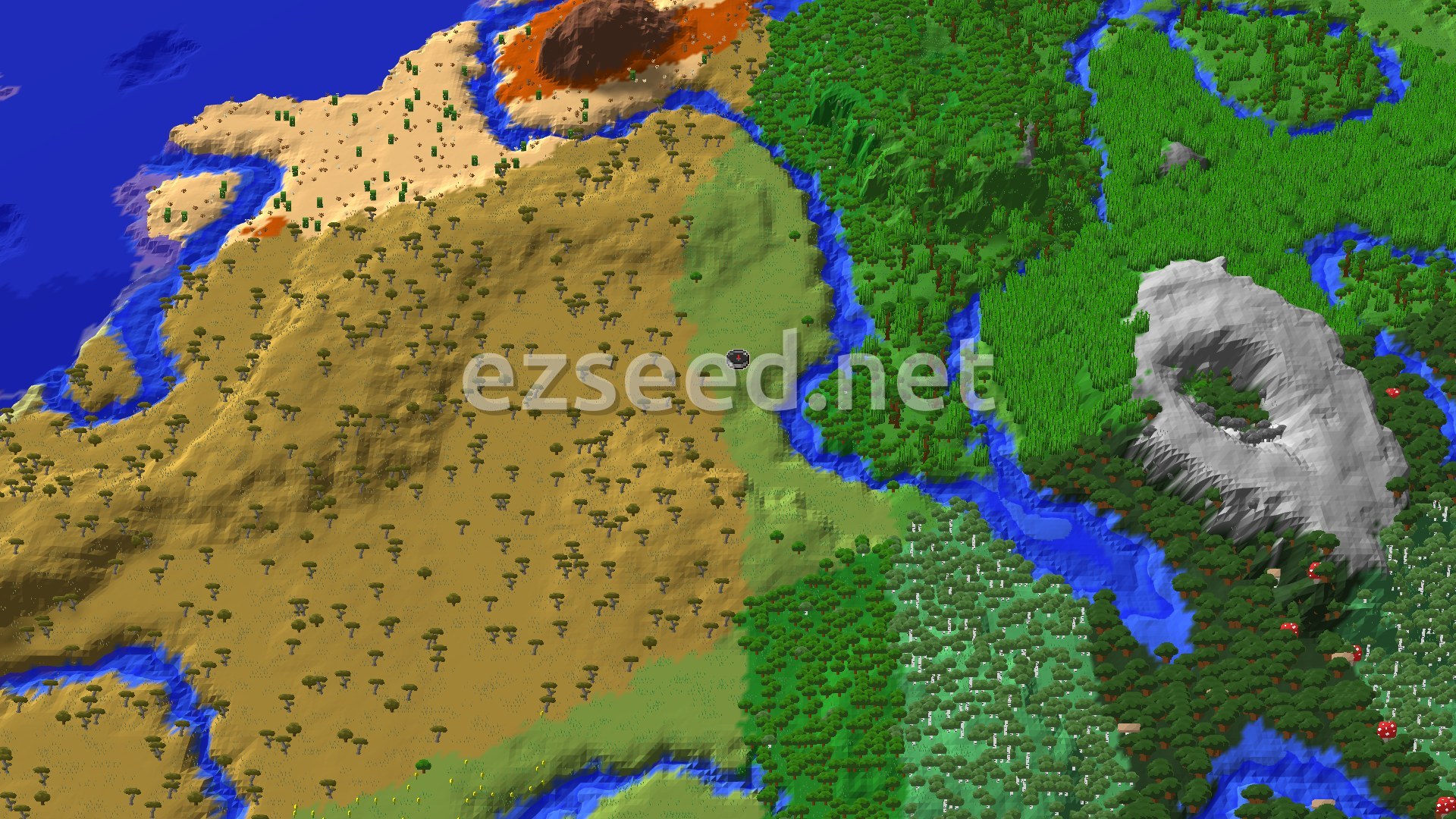 An aerial view showing a diverse landscape with a large savanna, a winding river, dense forests, and a prominent grey mountain peak.