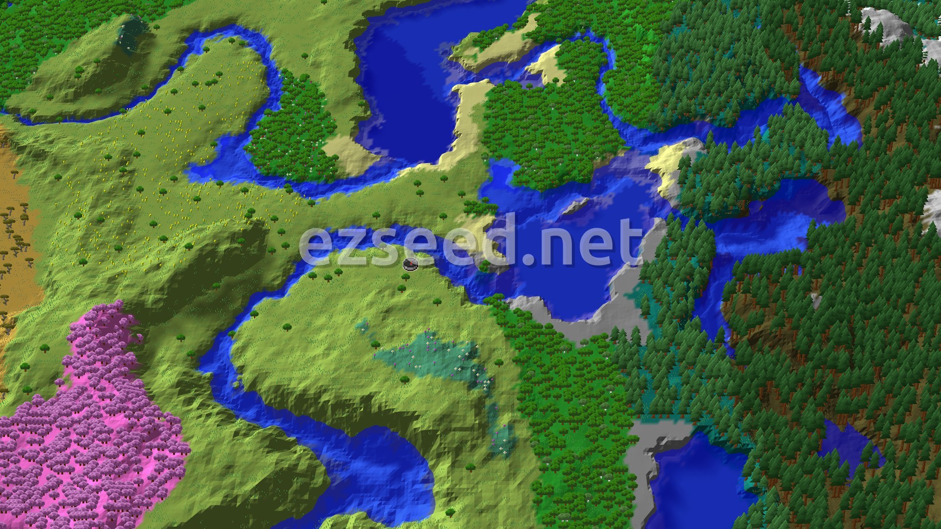 An aerial view of rolling green plains with scattered trees, a winding river, and a large body of water, bordered by dense forest and a patch of vibrant pink cherry trees.