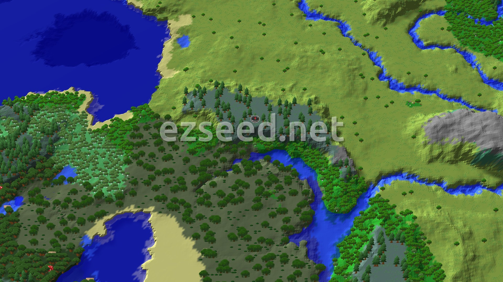 A 3D fly-over of a varied landscape, showing a mix of forests, open plains, and a winding river leading to a large body of water. Hills rise in the distance.