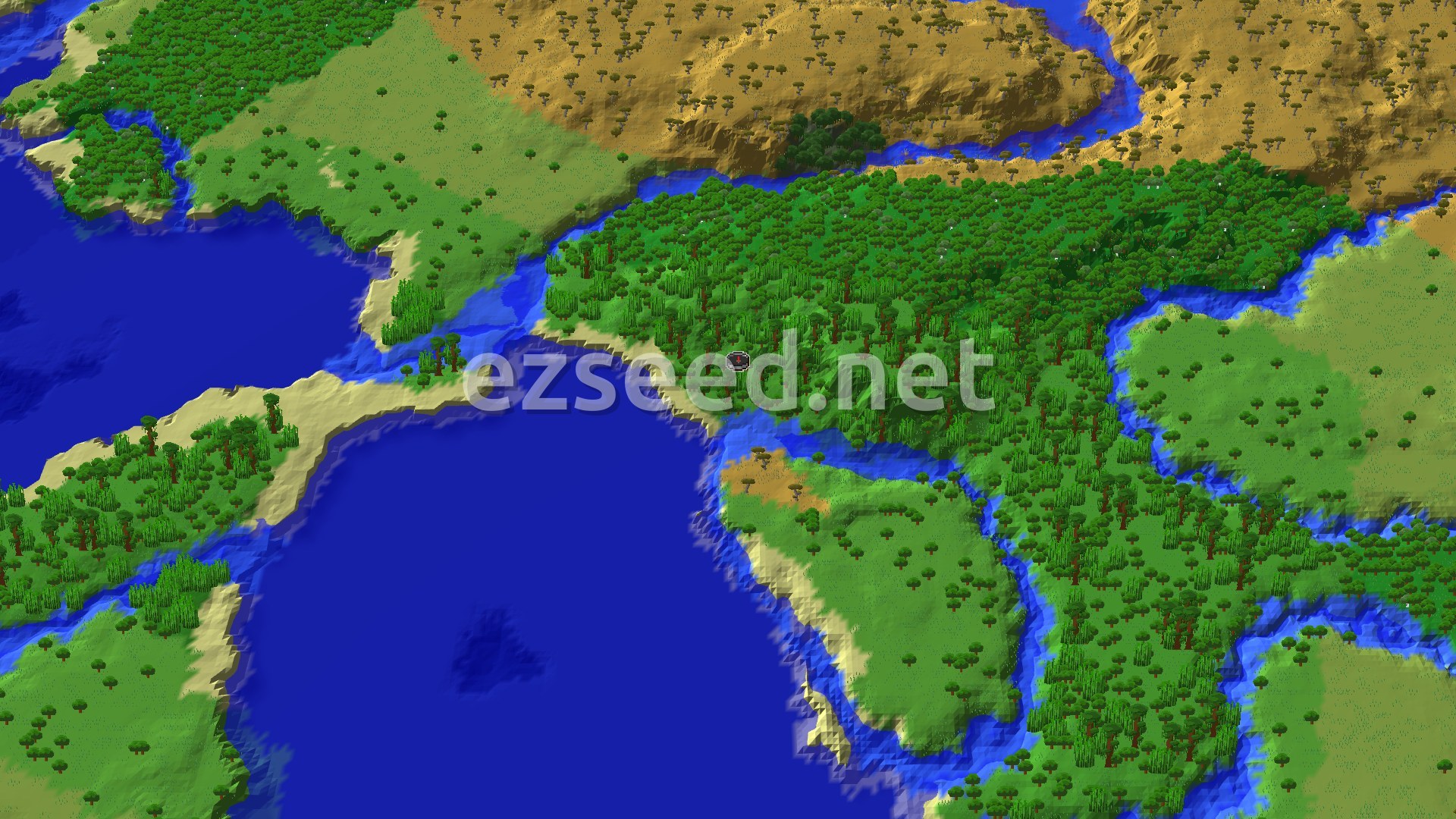 An aerial view of a verdant jungle landscape with a prominent river system winding through it, leading to a larger body of water.