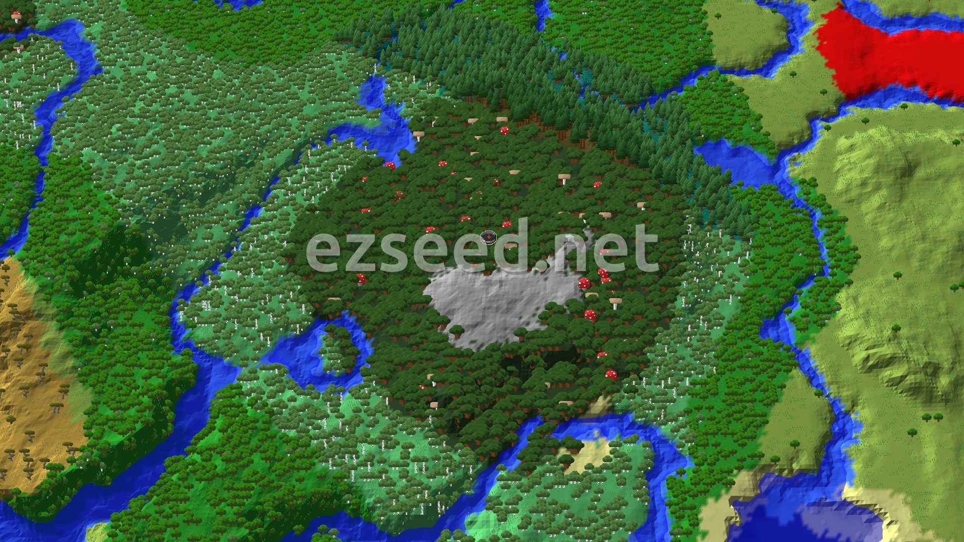 An aerial view of a dense Dark Forest, with lighter trees and some open water visible in the distance under a clear sky.