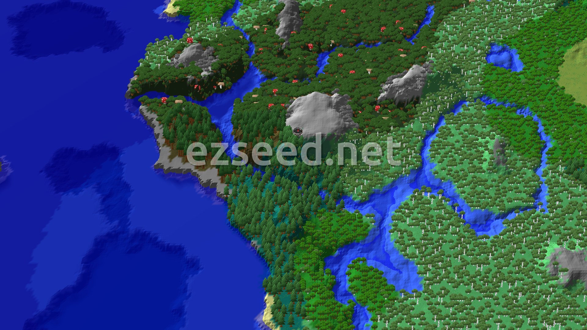 An aerial view of a varied landscape, showing a large ocean to the left, dense forests, winding rivers, and several patches of lighter green meadow terrain, with scattered mountains and a spawn marker in a meadow.