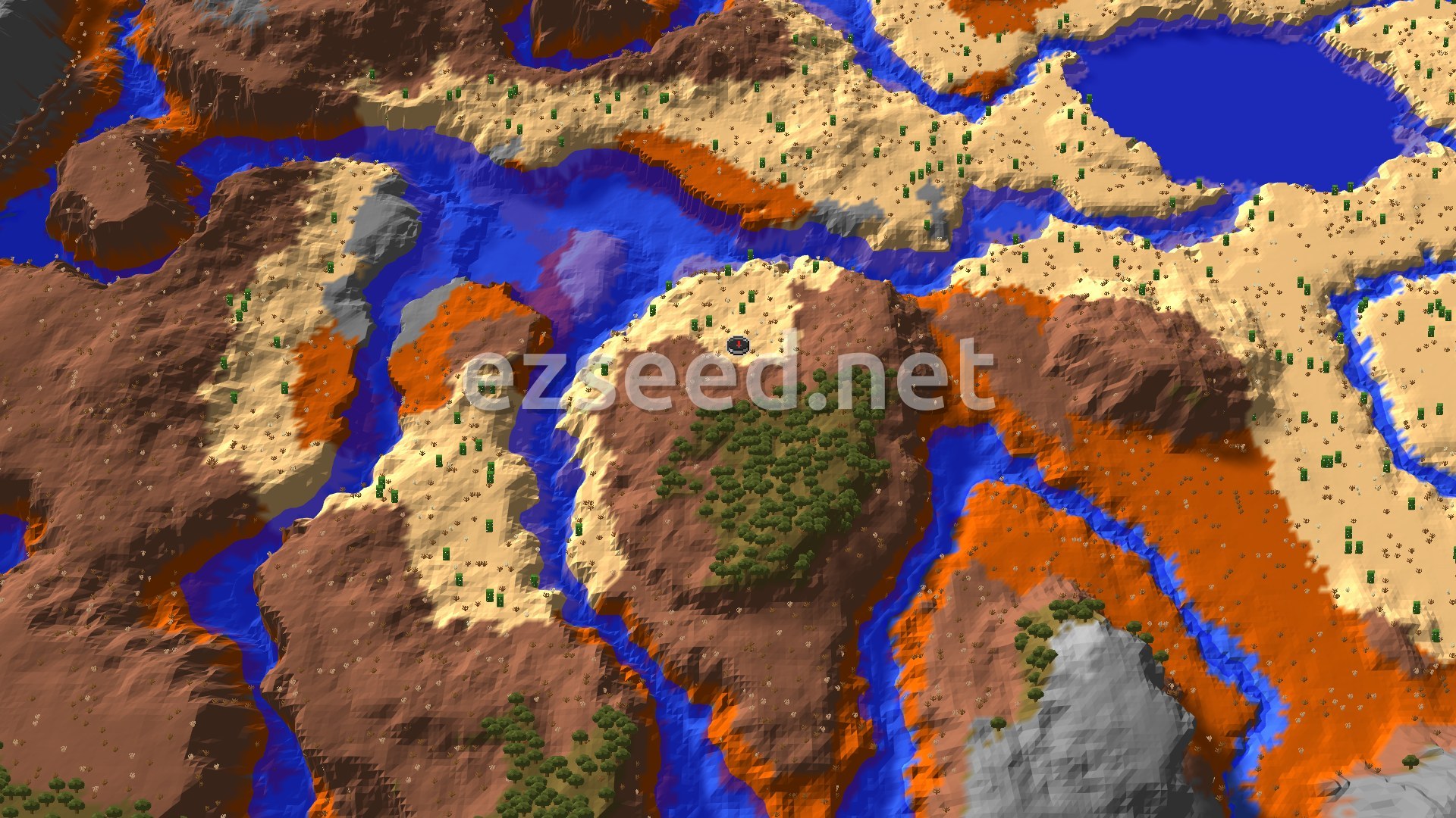 A bird's eye view of a diverse landscape featuring sandy deserts, red-hued badlands, and a winding blue river. Scattered green trees and cacti are visible across the terrain.