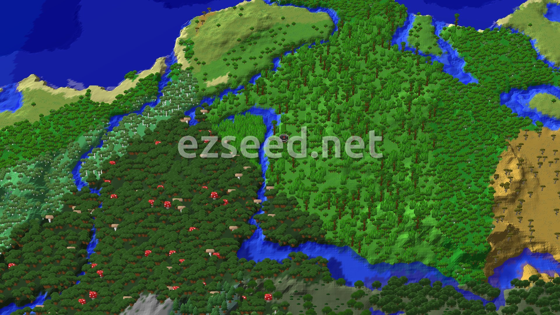 An overhead 3D view of a Minecraft world, showing a dense green jungle biome around the spawn point with rivers winding through, a darker forest to the south, and a lighter savannah to the east.
