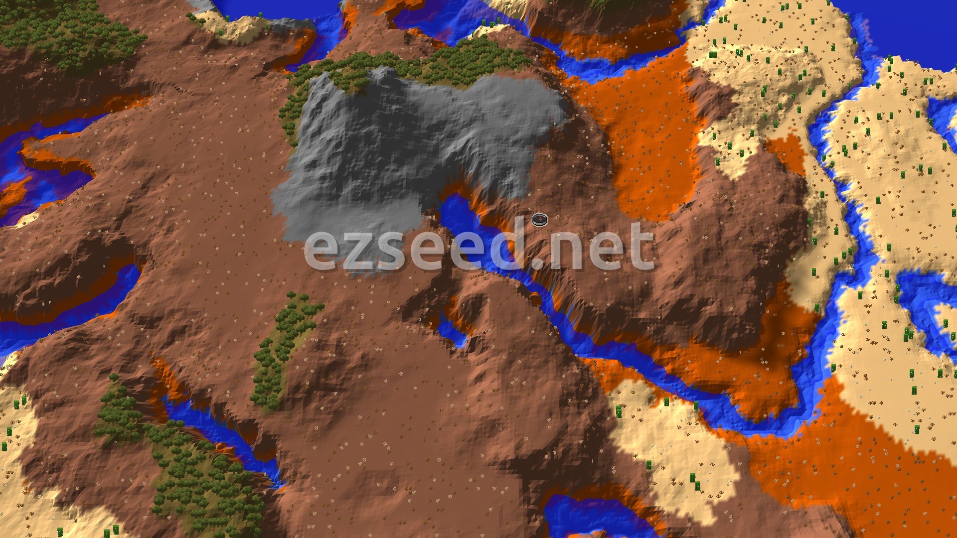 An aerial view of a varied landscape featuring vast stretches of brown and orange badlands, interspersed with green trees, sandy deserts, and winding blue rivers, with a small spawn marker in the center.