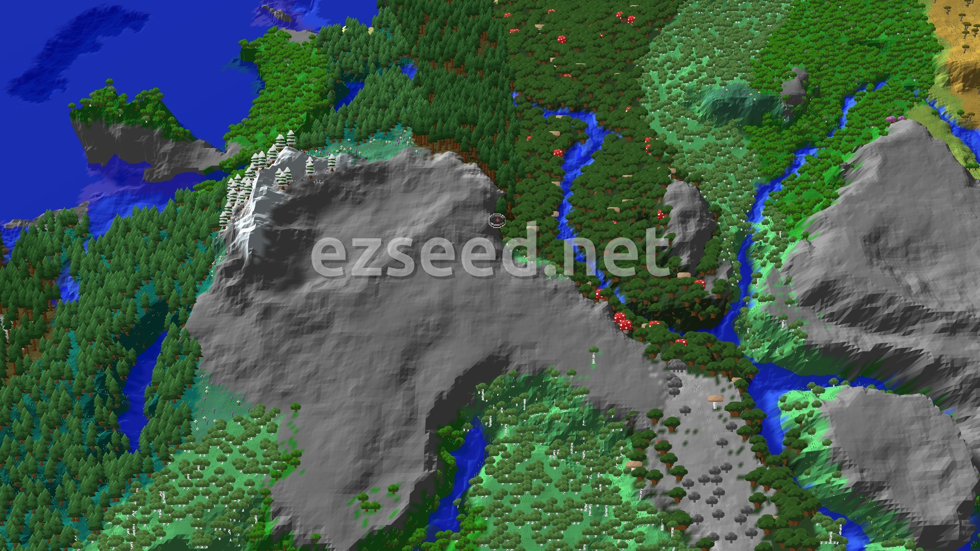 An aerial view of diverse biomes with forests, mountains, and rivers, with a small spawn marker in a meadow.