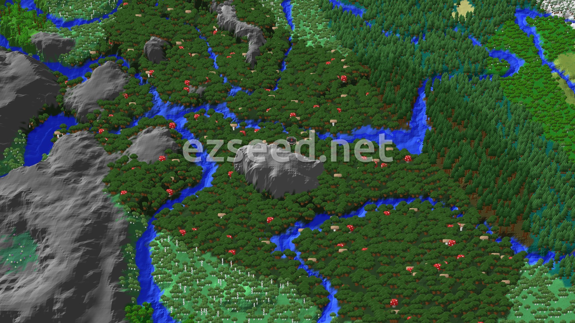 An overhead 3D view of a dense Dark Forest biome, characterized by many large, dark green trees and scattered red mushrooms, interspersed with winding blue rivers and some gray mountainous terrain.