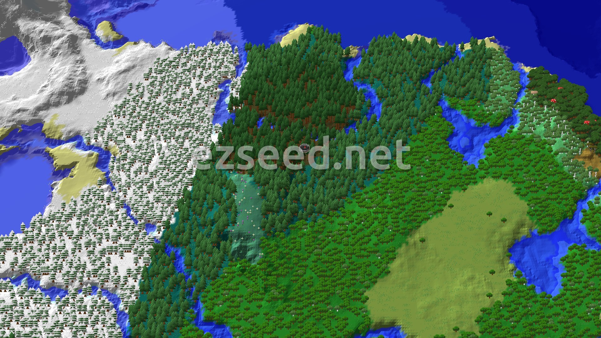 An aerial view of a varied landscape, featuring a dense pine forest with a river winding through it, bordered by snowy mountains and plains.