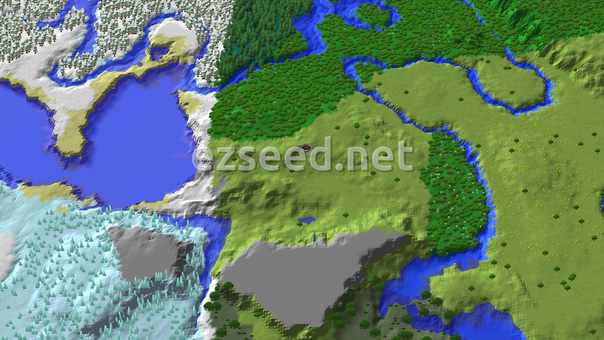 Aerial Minecraft seed map — Spawn in Plains with a Flower Forest nearby