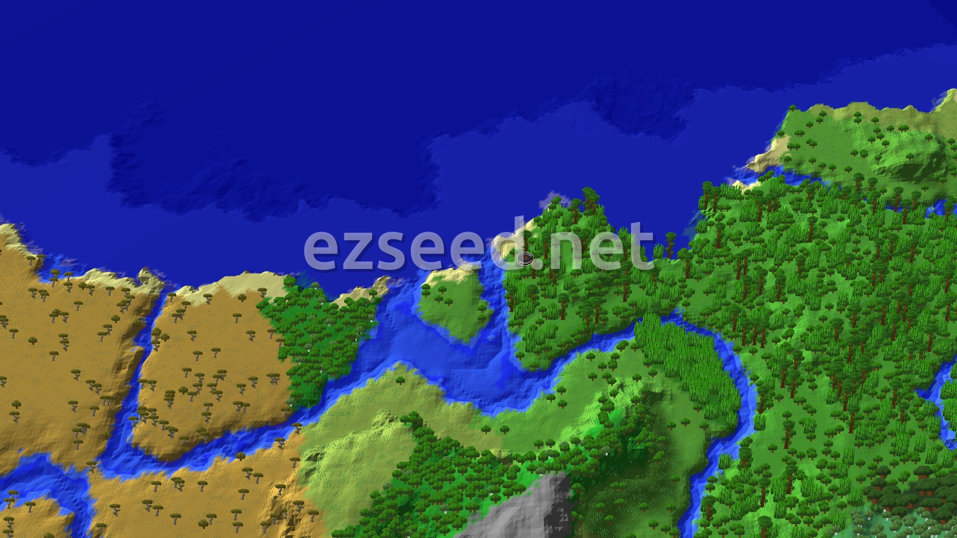 An aerial view of a Minecraft world showing a dense green jungle extending to a coastline, with a river flowing through it and sandy savannas beyond.
