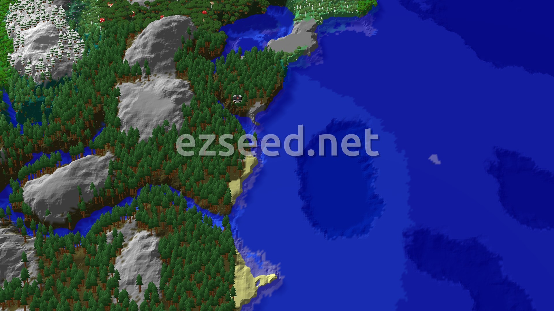 An aerial view showing dense green forests, grey mountains, a winding blue river, and a large ocean with sandy beaches along the coast.