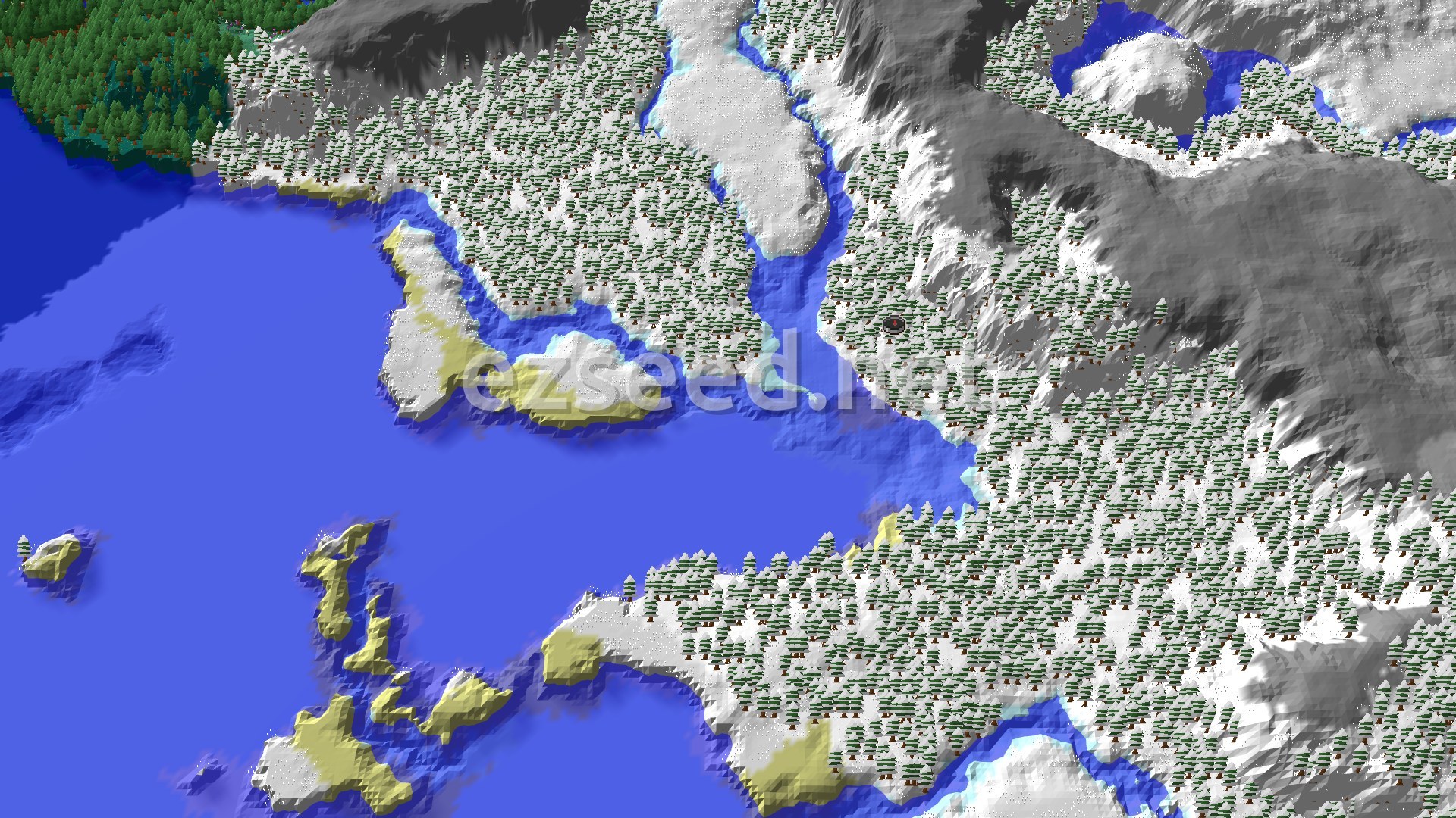 An aerial view of a vast snowy taiga forest with scattered frozen rivers and a large frozen ocean to the left. Mountains rise in the background.