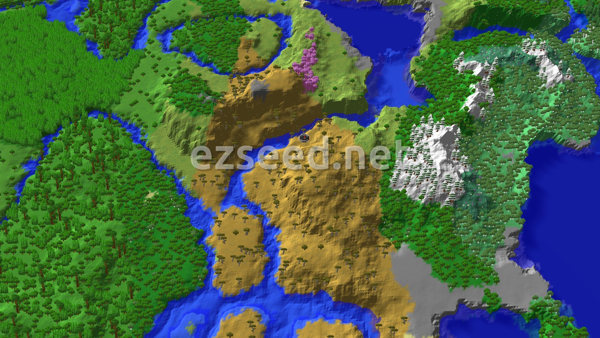 A 3D fly-over of a varied landscape, showing a large savanna plateau surrounded by rivers, forests, and distant snow-capped mountains. A small marker indicates the spawn point.