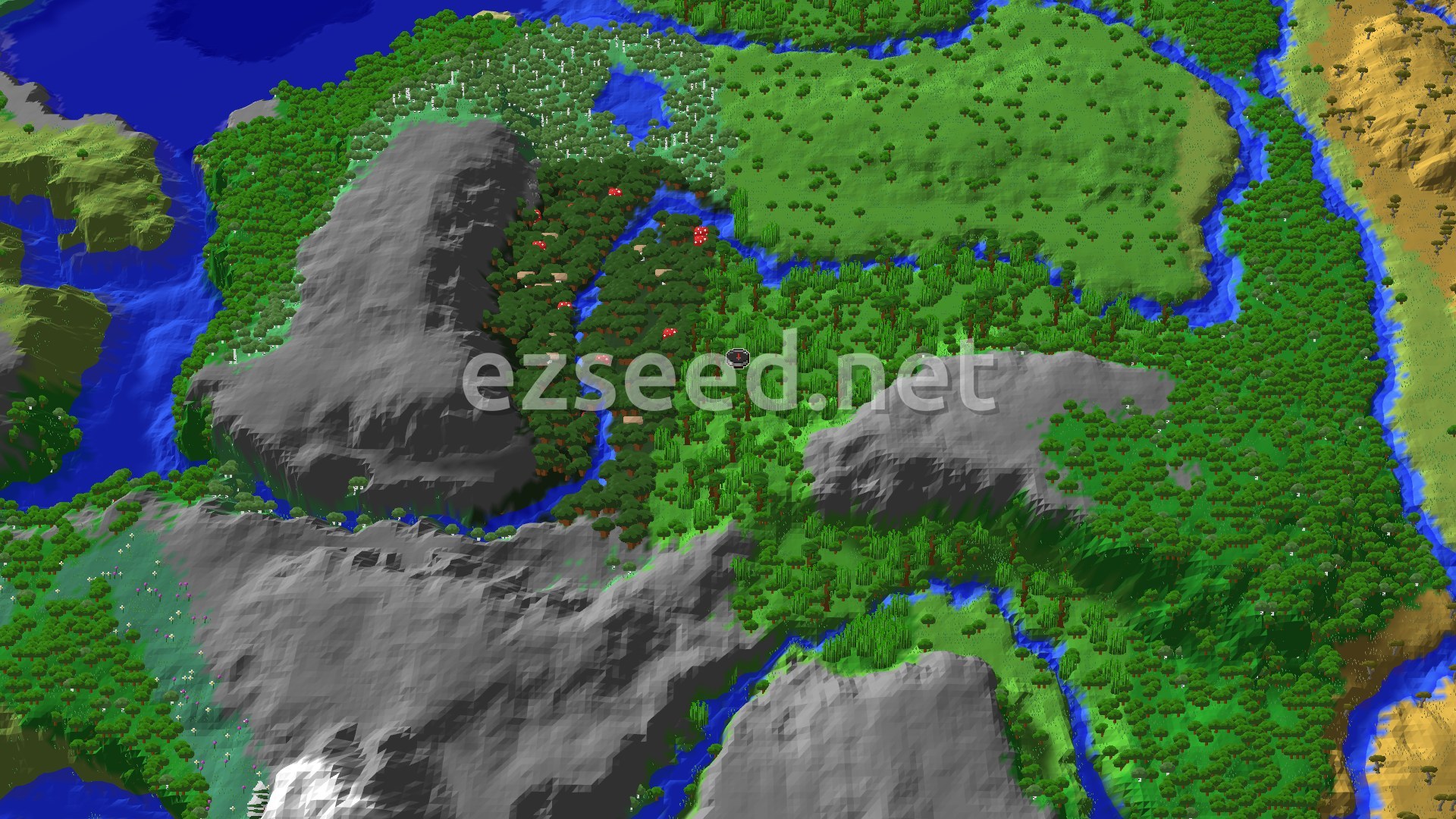A 3D aerial view of a varied landscape, showing dense green jungles, a darker forest with red mushrooms, winding blue rivers, and gray mountainous terrain, with a small spawn marker in the center.