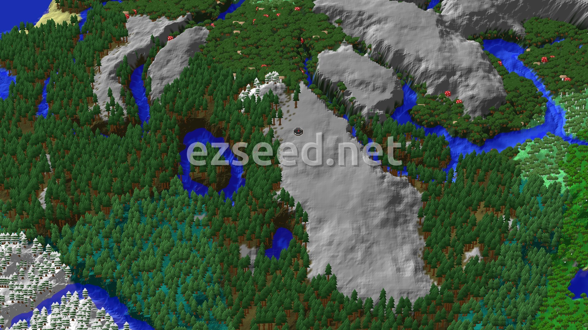 An aerial view of a Minecraft world showing a dense spruce forest, a grey mountain range, and winding blue rivers, with a small spawn marker in a snowy area.
