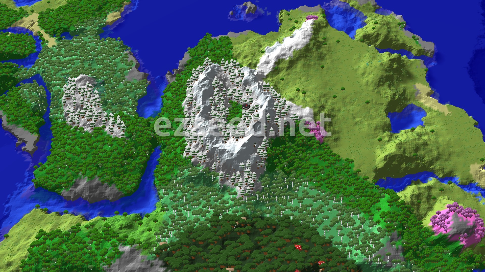 A bird's-eye view shows a small player marker in a grove at the base of a tall, snow-capped mountain range, with dense forests and a small ocean visible.