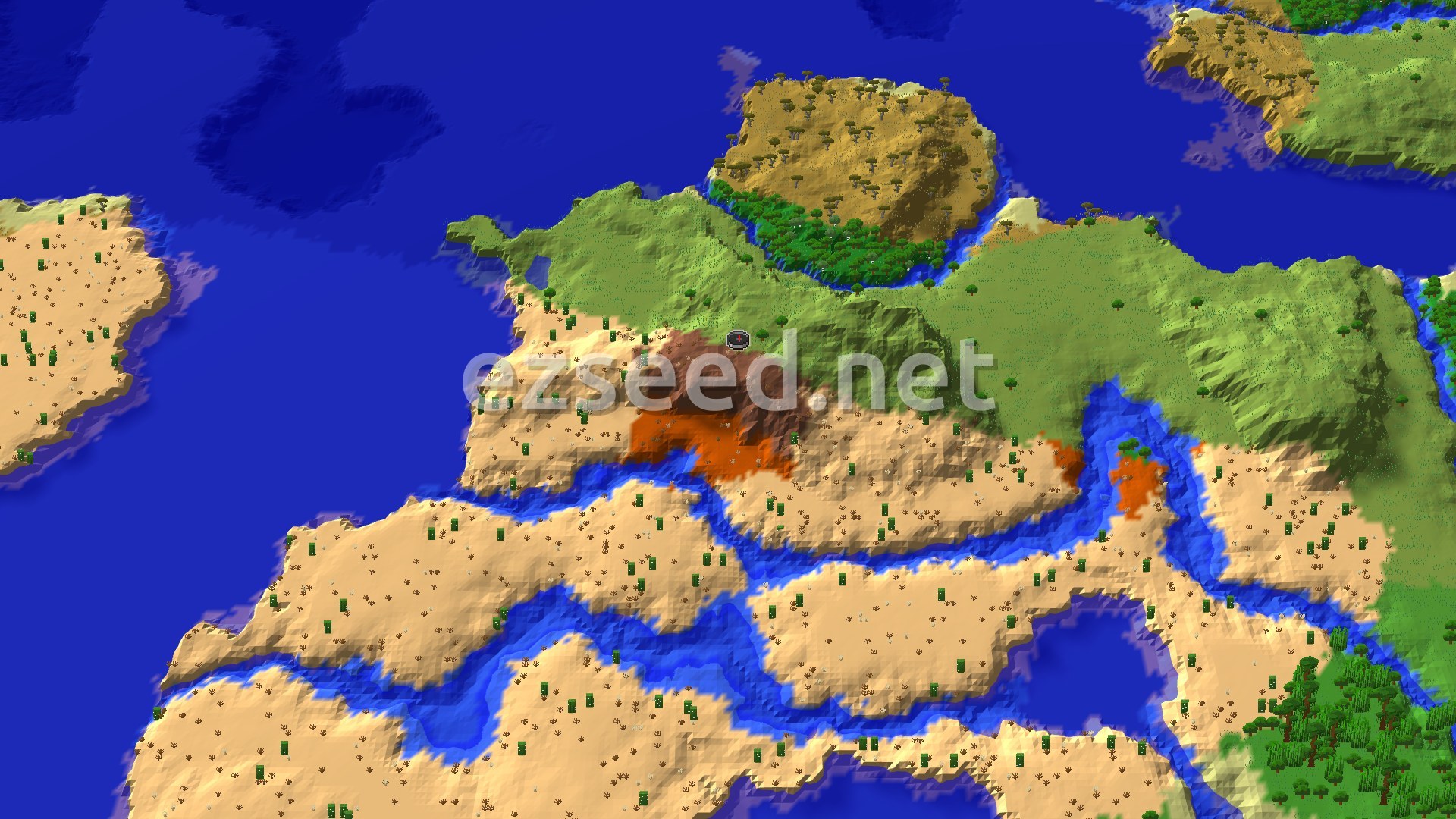 Aerial Minecraft seed map — Badlands Spawn With Near Eroded Badlands