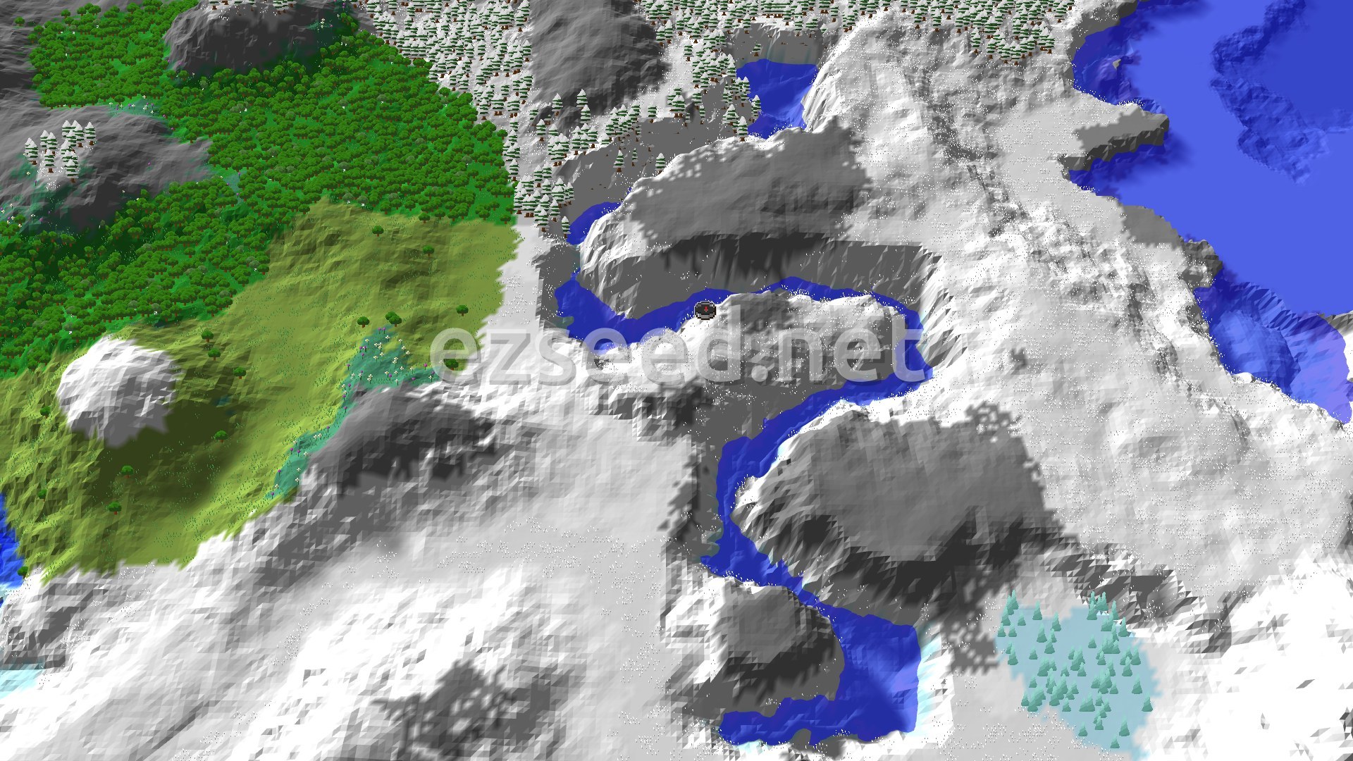 A 3D fly-over rendering of a snow-covered landscape with scattered evergreen trees and some gentle hills, under a bright sky. A small red marker indicates the spawn point.