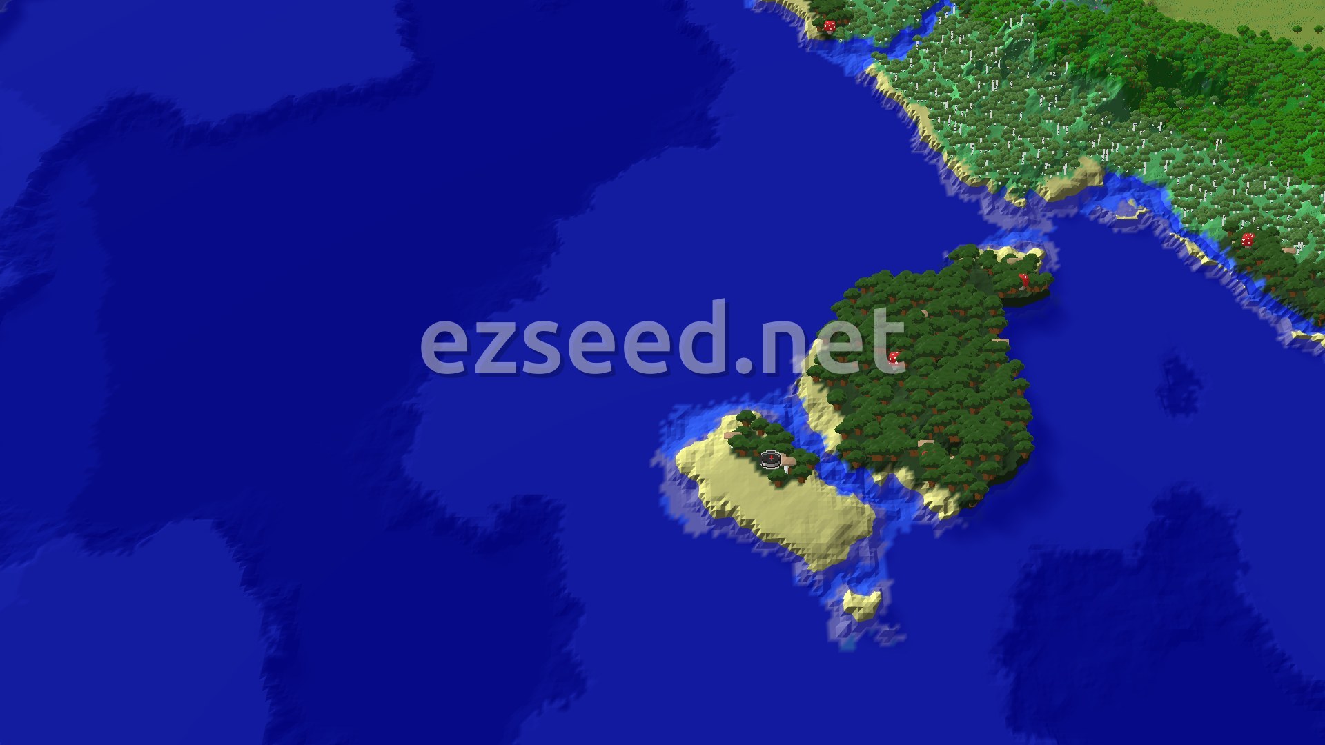 A 3D fly-over of a Dark Forest peninsula surrounded by ocean, with a small spawn marker at the center.