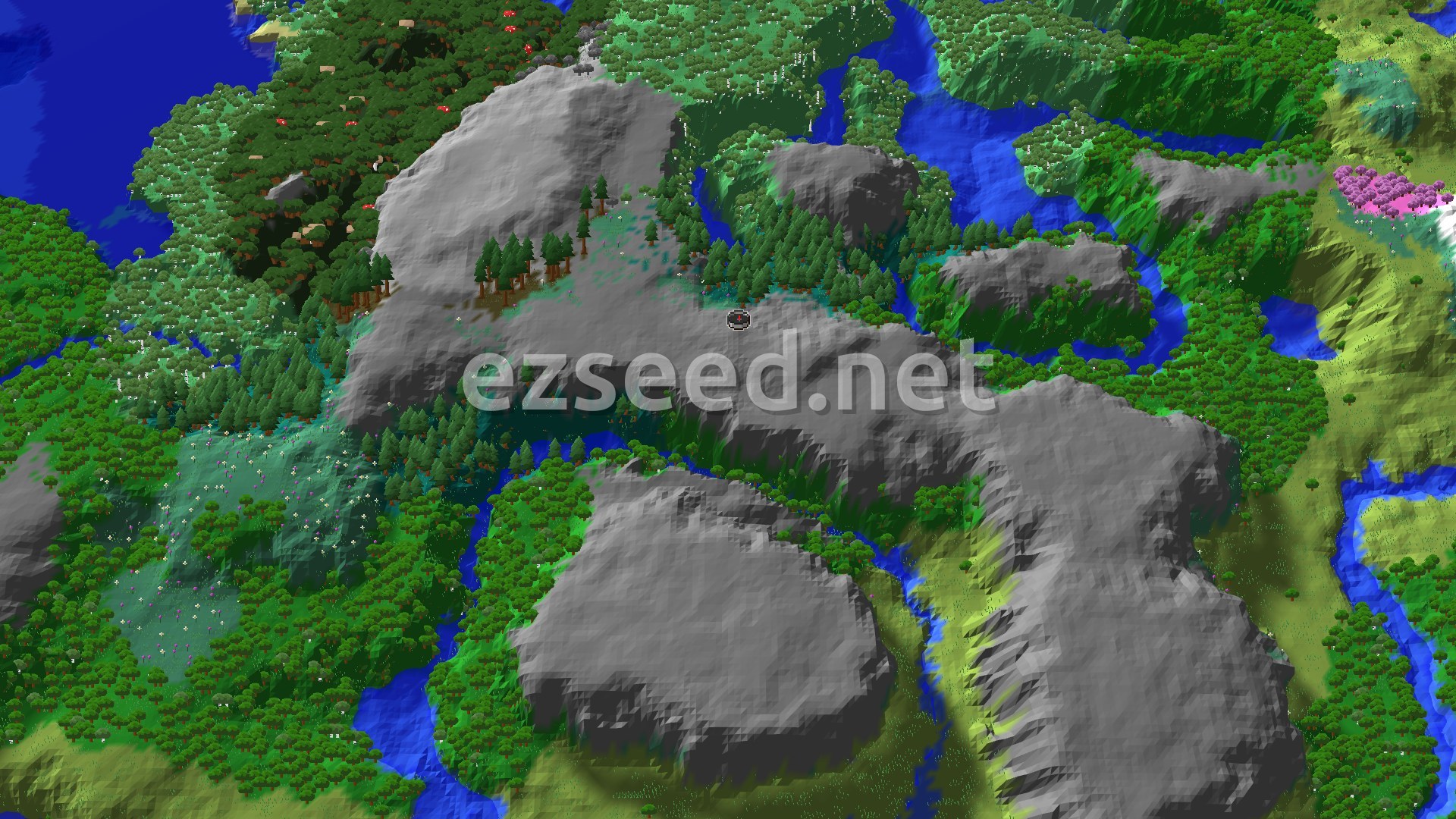 Aerial Minecraft seed map — Pale Garden and Cherry Grove Near Spawn