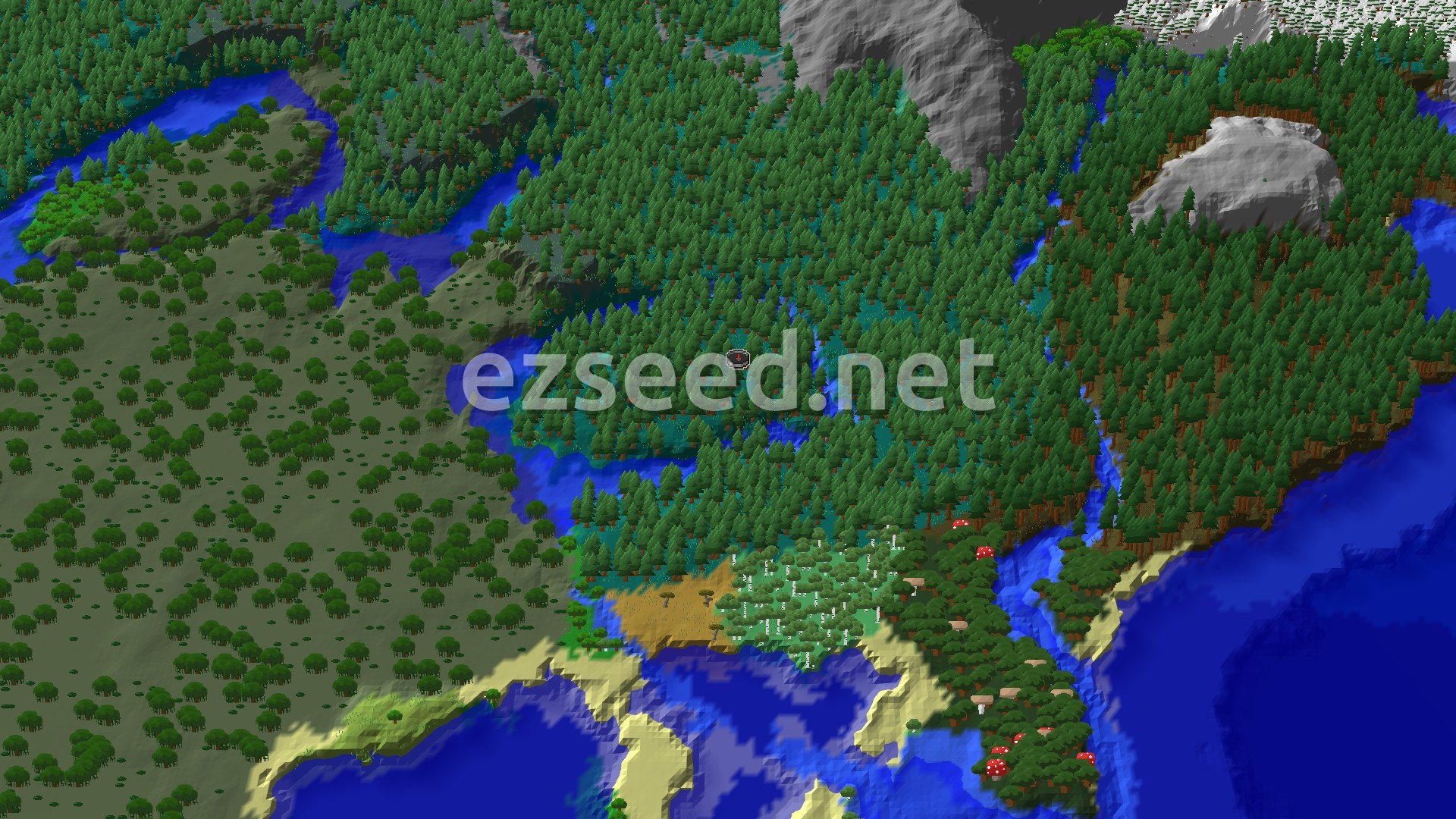 A 3D fly-over rendering of a Minecraft world, showing a dense taiga forest around the center with a small spawn marker, bordered by rivers, oceans, and distant mountains.