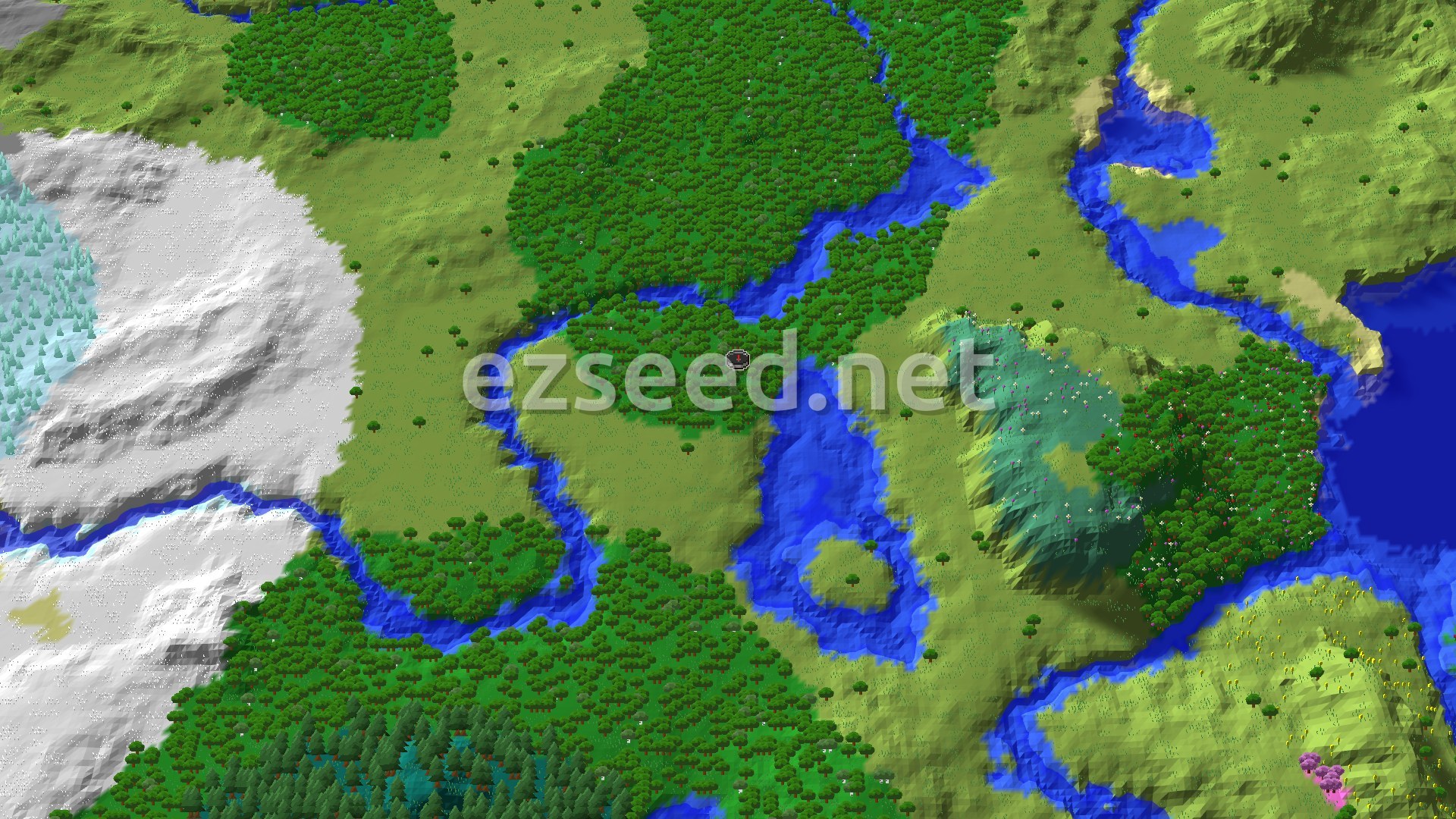 A forest with scattered plains and hills around a small river, with a subtle spawn marker in the center.