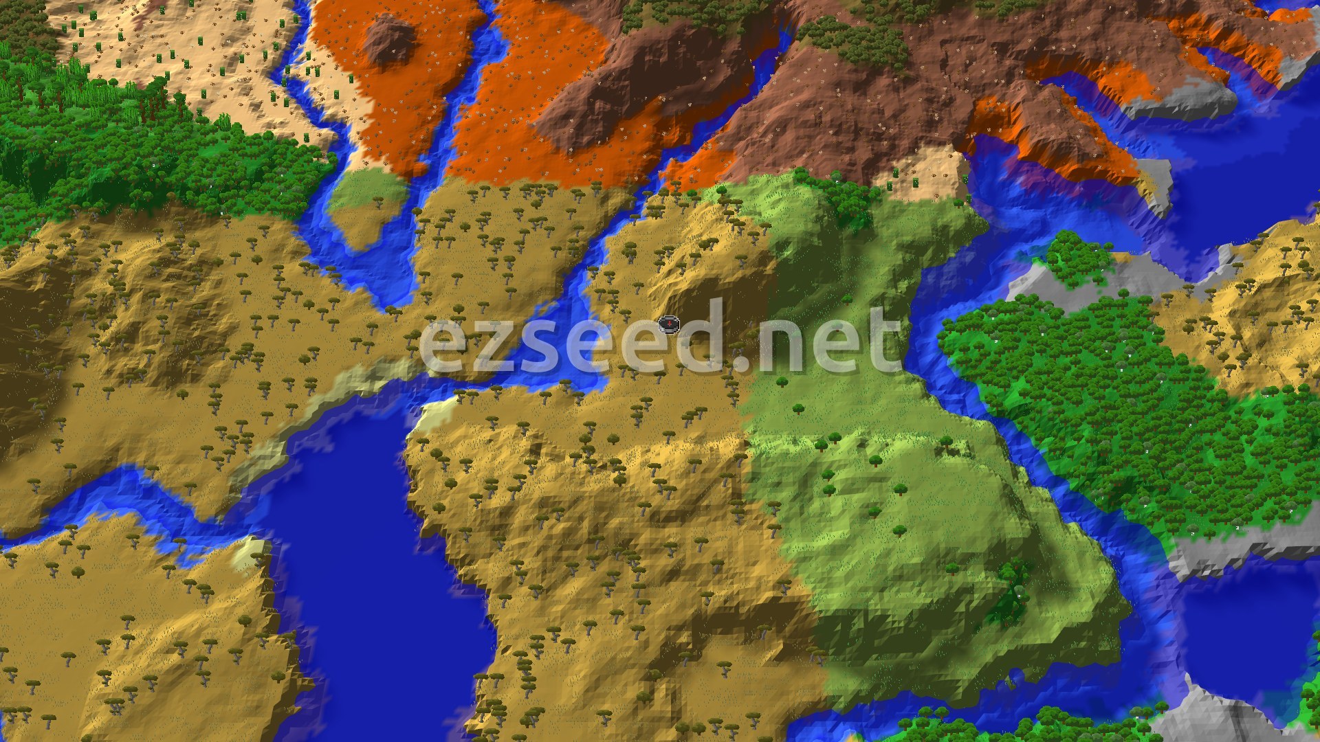 Aerial Minecraft seed map — Savanna Spawn With Fast Nether Fortress