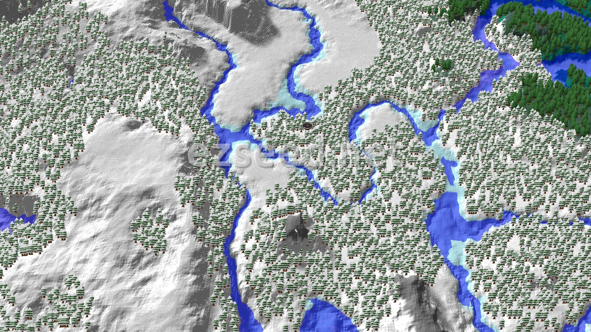 A bird's-eye view of a snowy landscape, densely forested with spruce trees, cut through by winding frozen rivers. Hills rise in the distance, all covered in snow.