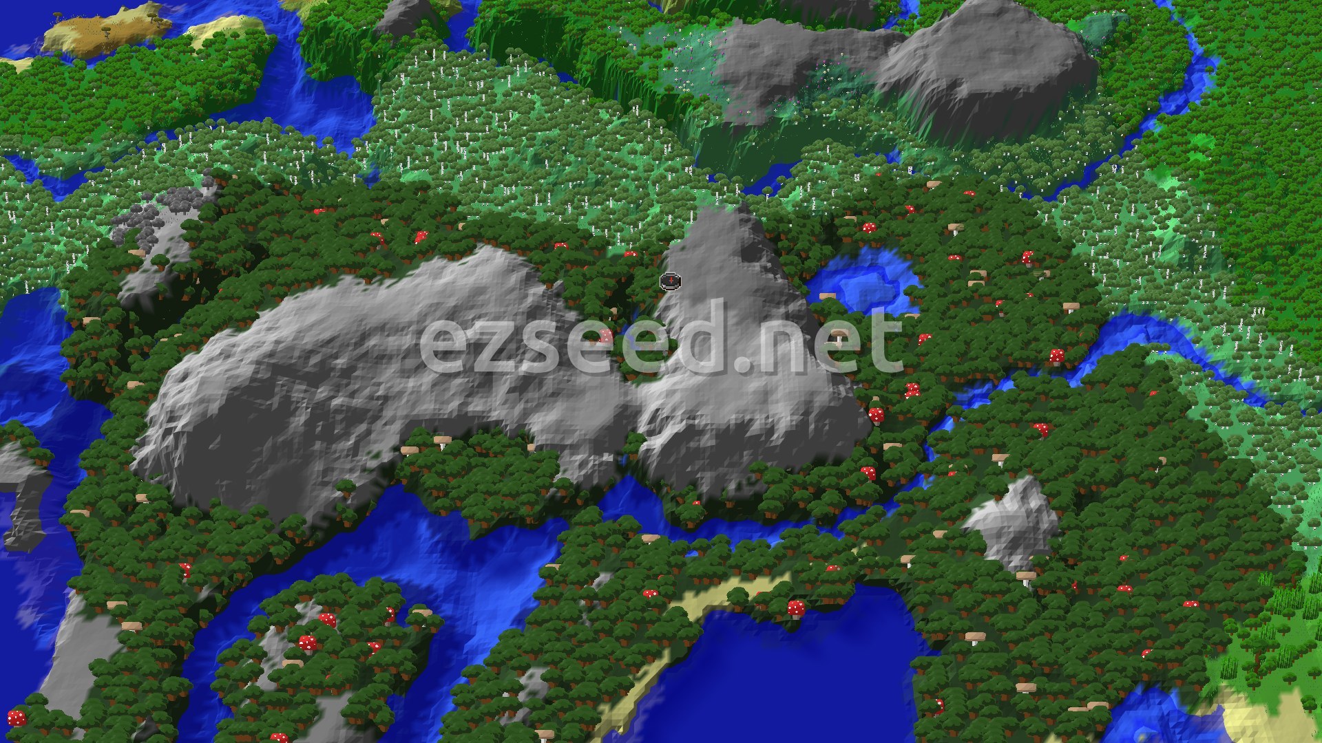 A bird's eye view of a varied Minecraft landscape featuring dark forests, rivers, and several distinct mountainous regions.