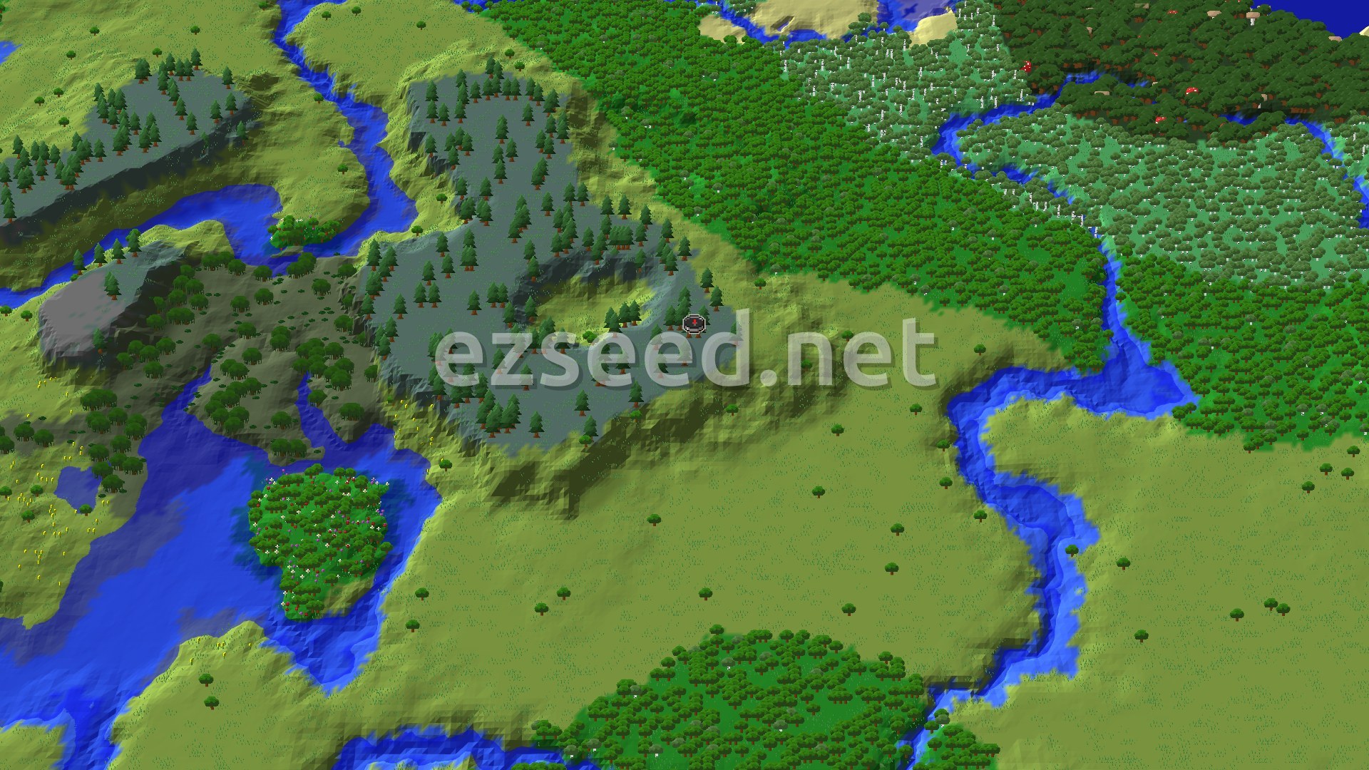 An overhead view of varied terrain, showing green plains and forests, winding blue rivers, and some darker, more rugged hills around a central spawn marker.