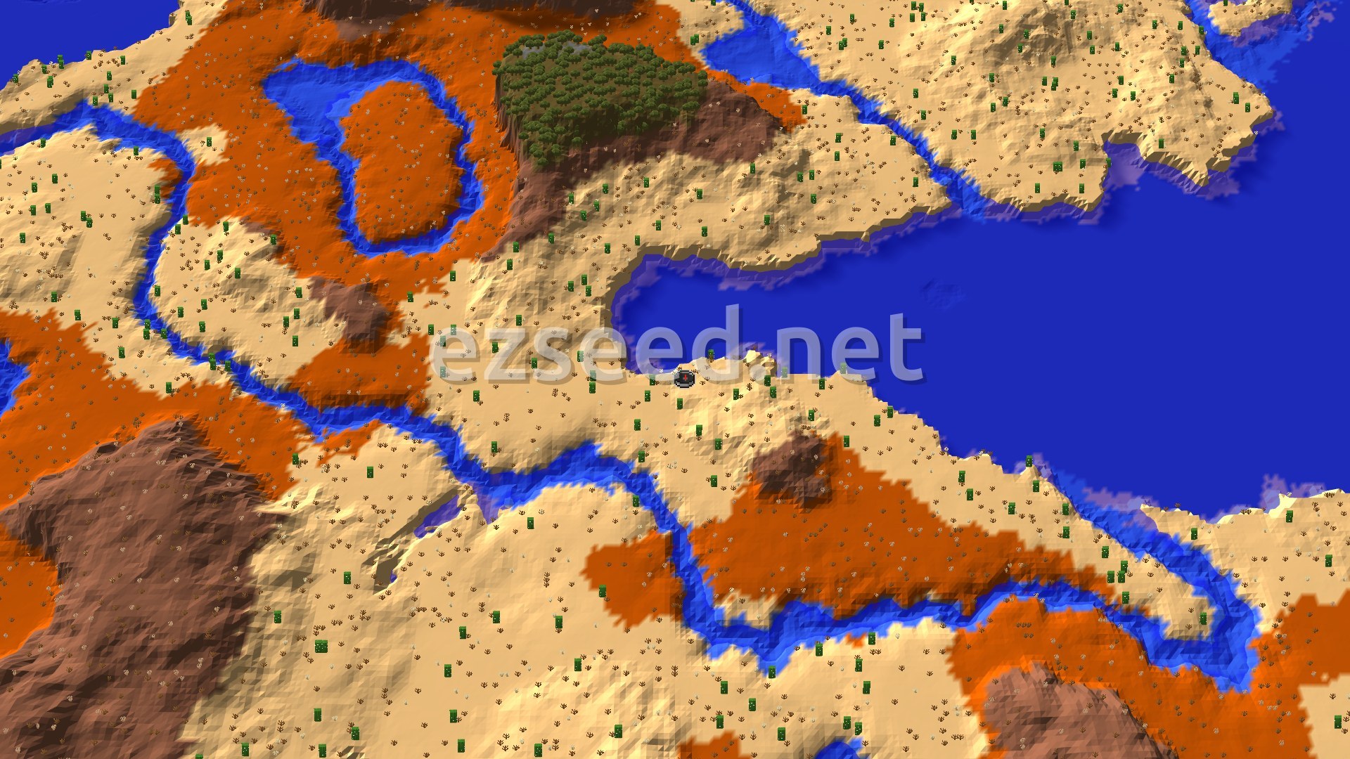 An aerial view of a desert landscape featuring sandy dunes, a few scattered acacia trees, and a distant ocean, with a small marker indicating the spawn point.
