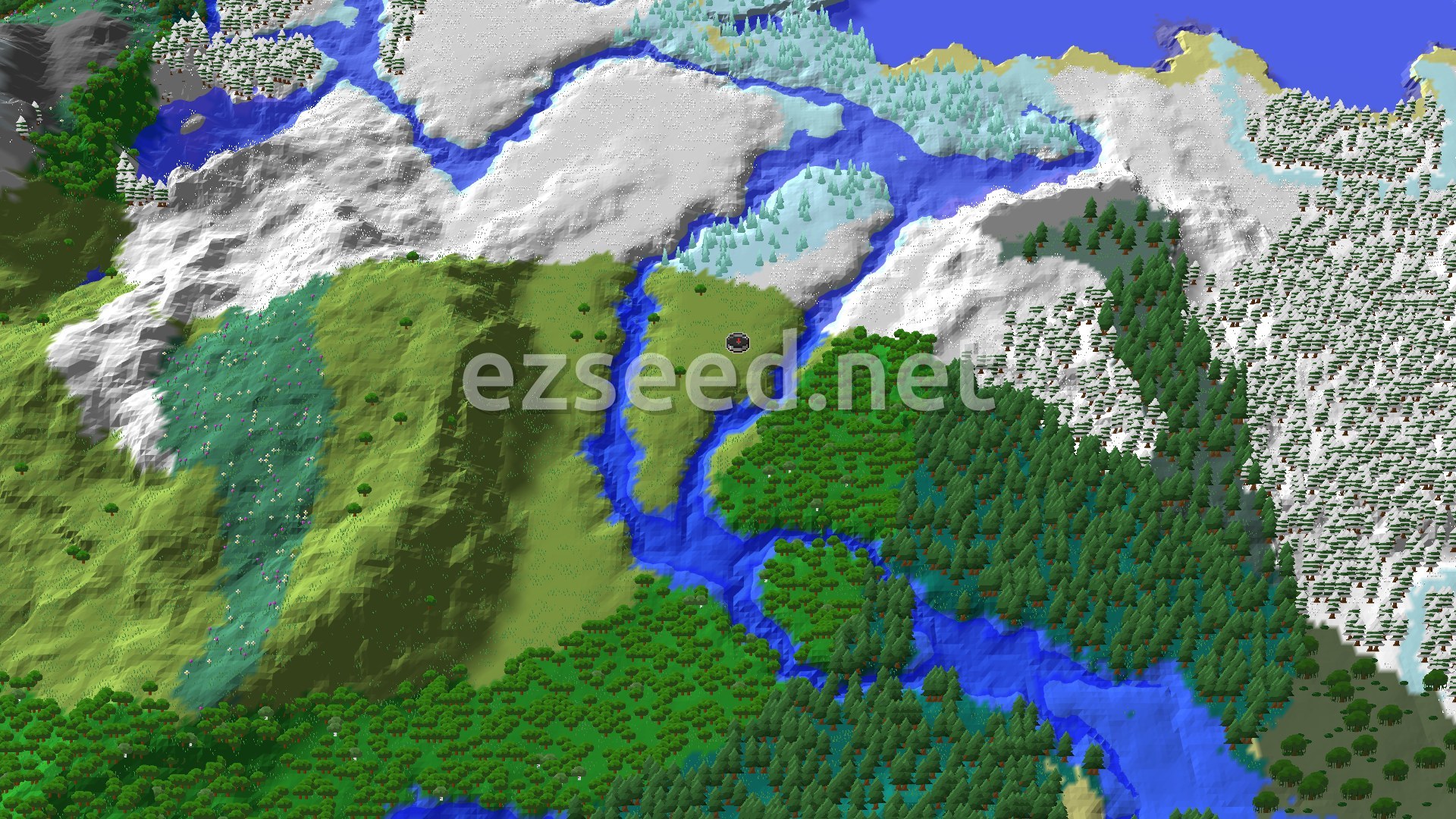 An aerial view of a Minecraft world showing a central plains biome with a river winding through it, surrounded by dense forests, snowy mountains, and expansive icy plains.