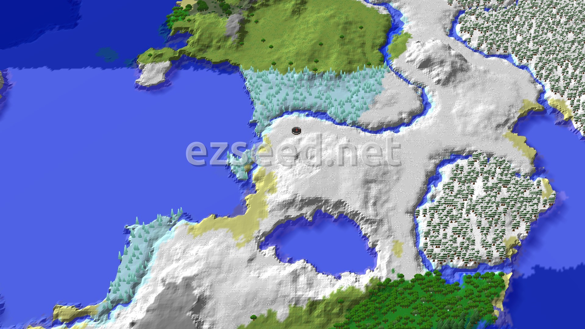 A 3D fly-over of a snowy landscape with a spawn marker. There are icy plains, frozen rivers, and snow-covered trees, with open water to the west.