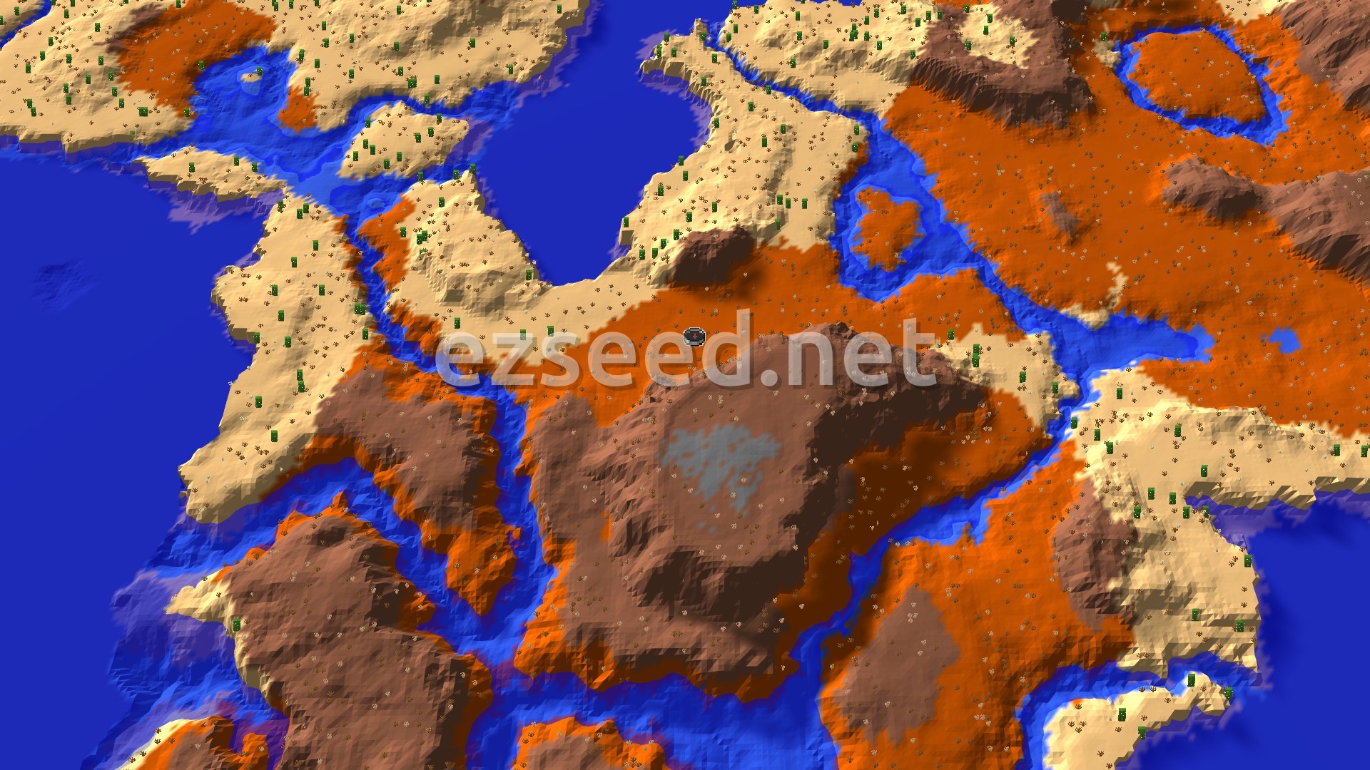 An aerial view showing a mix of arid biomes with reddish-brown badlands, light tan deserts, and blue water bodies, with sparse green vegetation.