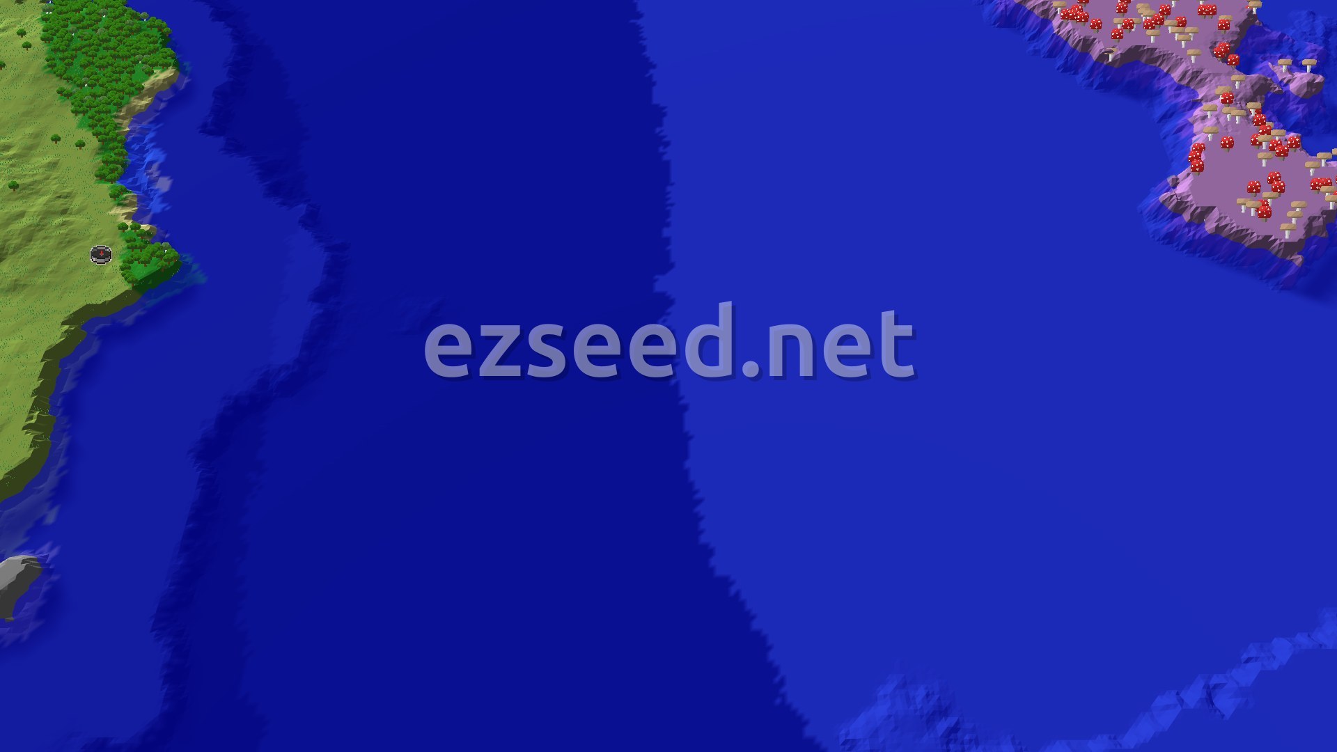 An overhead view of a green landmass with a small spawn marker, bordered by a blue ocean. Farther across the ocean lies a large island covered in red mushrooms.