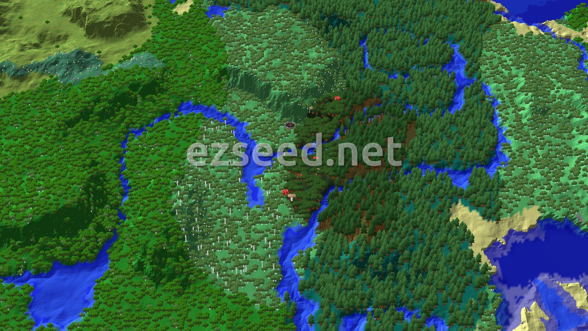 An aerial view of a birch forest and other dense woodlands, with a river winding through the varied terrain near spawn.