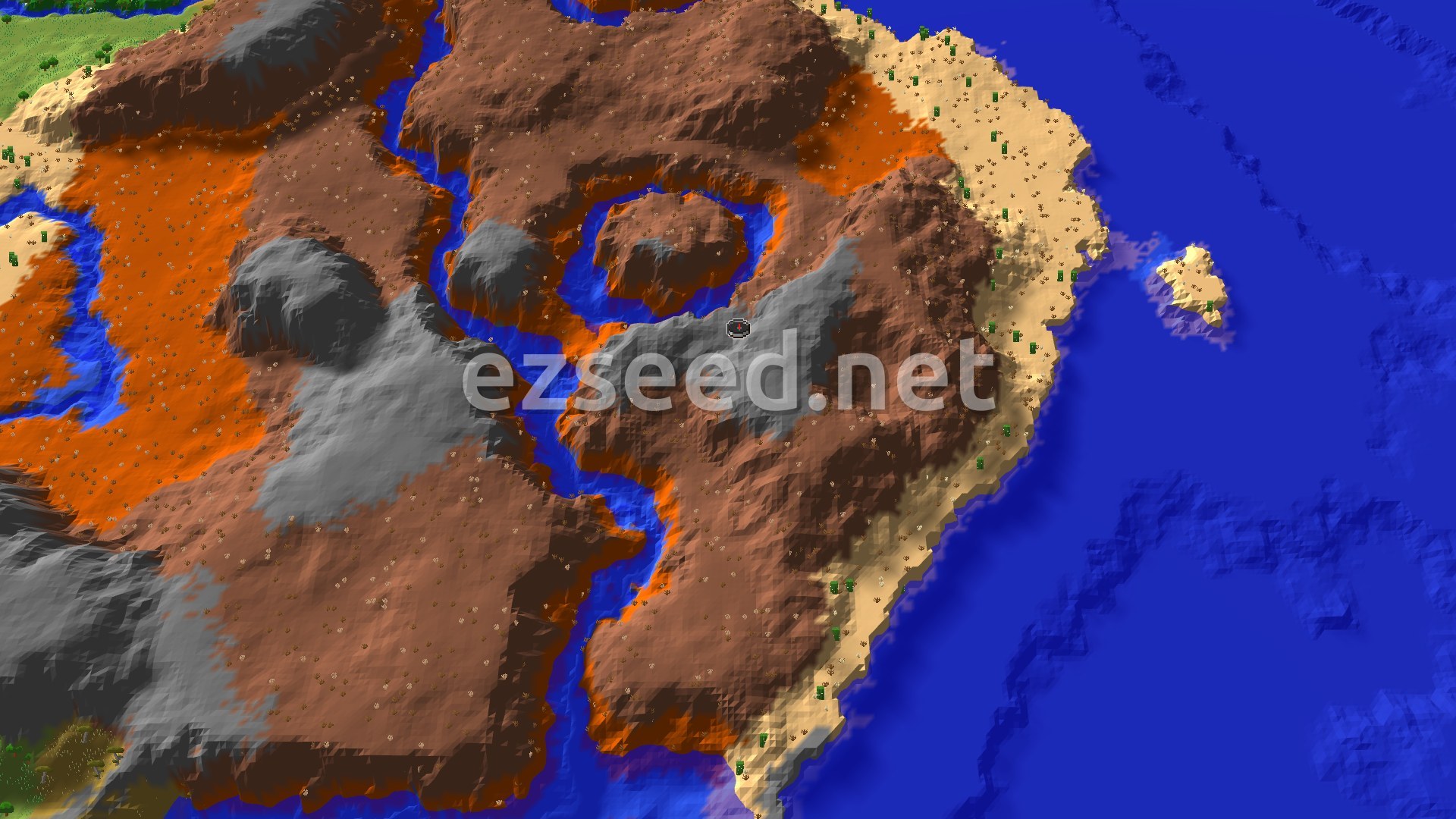 A 3D fly-over of a varied terrain, showing large Badlands and Eroded Badlands formations, a winding river, and a sandy desert coast leading to a warm ocean.