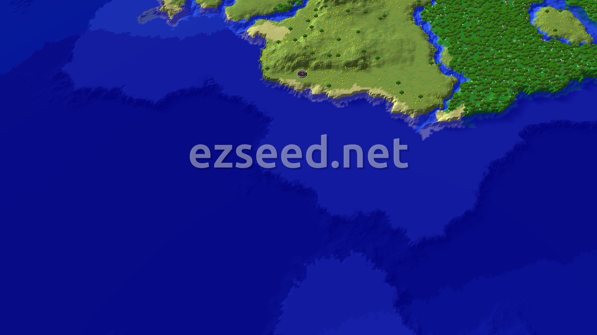 An overhead view of a Sunflower Plains biome with a mix of grass, sunflowers, and some scattered trees, bordered by a large body of water.