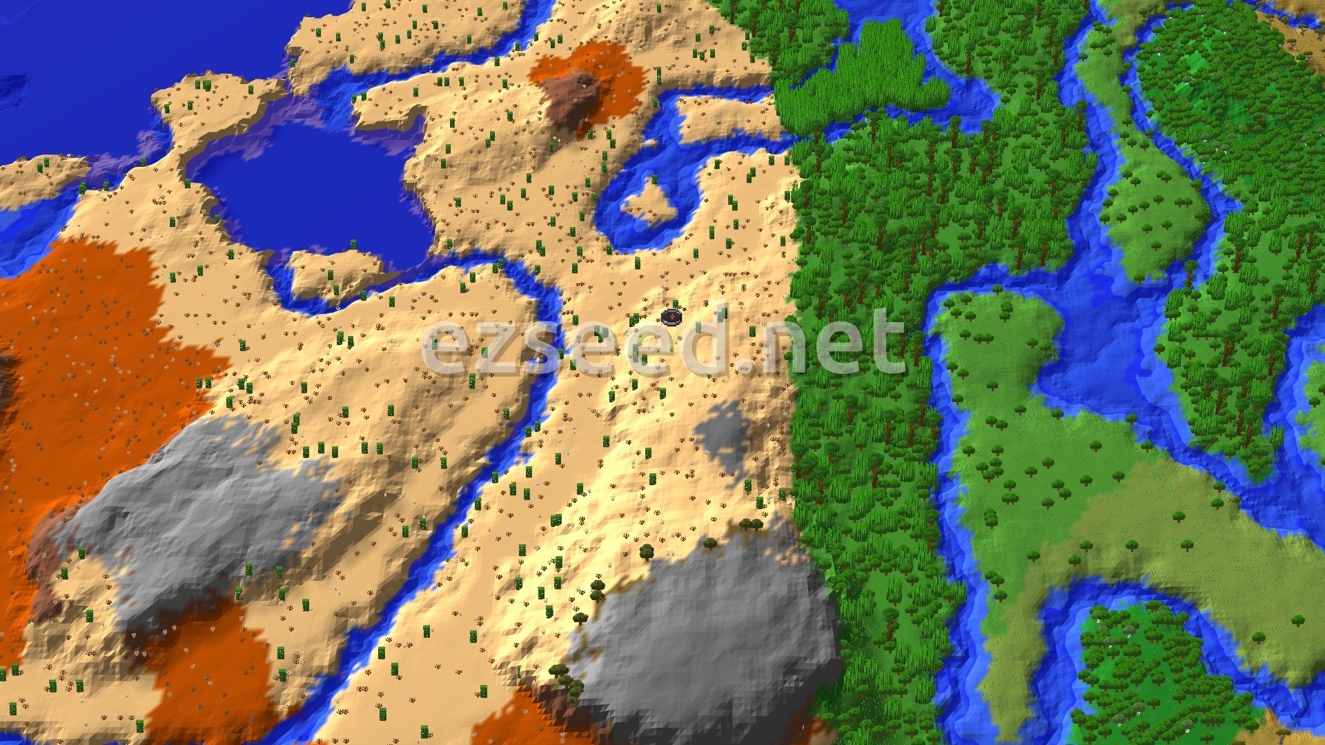 An overhead view of a diverse landscape with a desert in the foreground, transitioning to a lush jungle with winding rivers, and some badlands features.