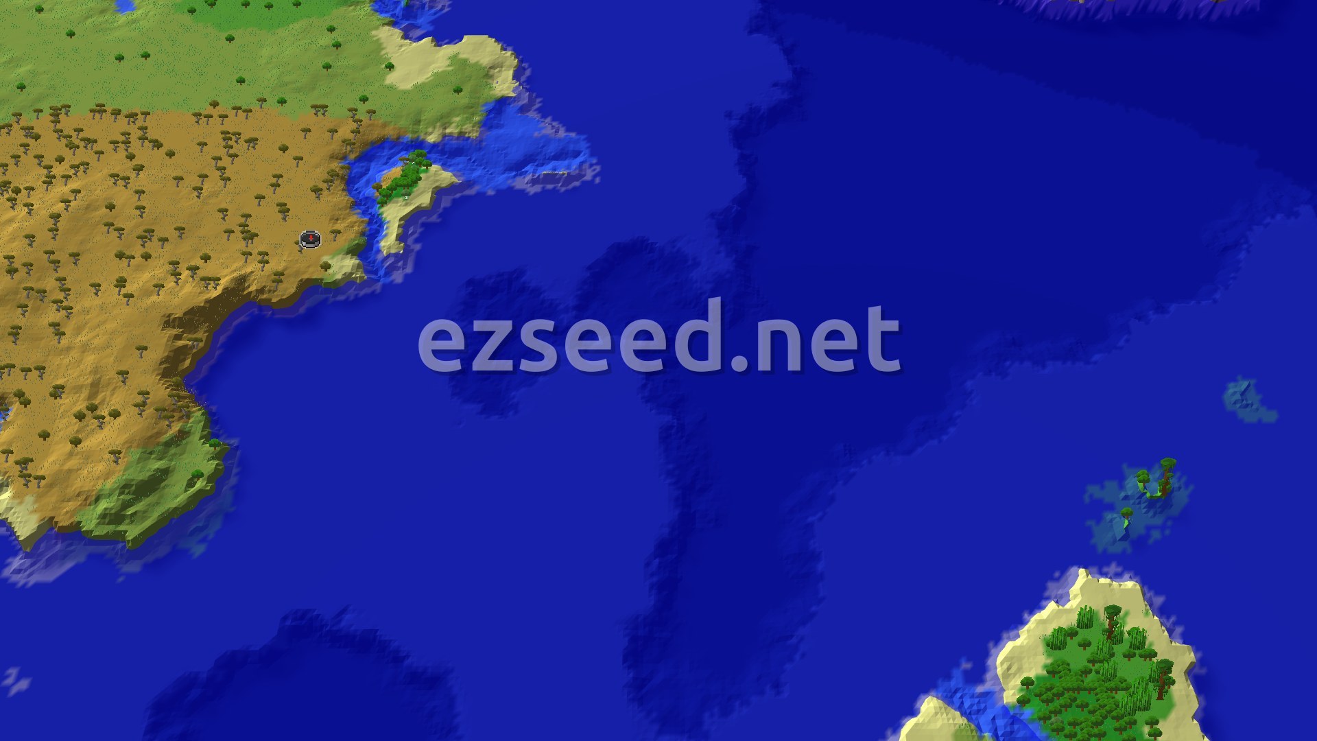 An aerial view showing a coastline of savanna and plains meeting a large ocean, with a small forested island further out. A spawn marker is on the beach.