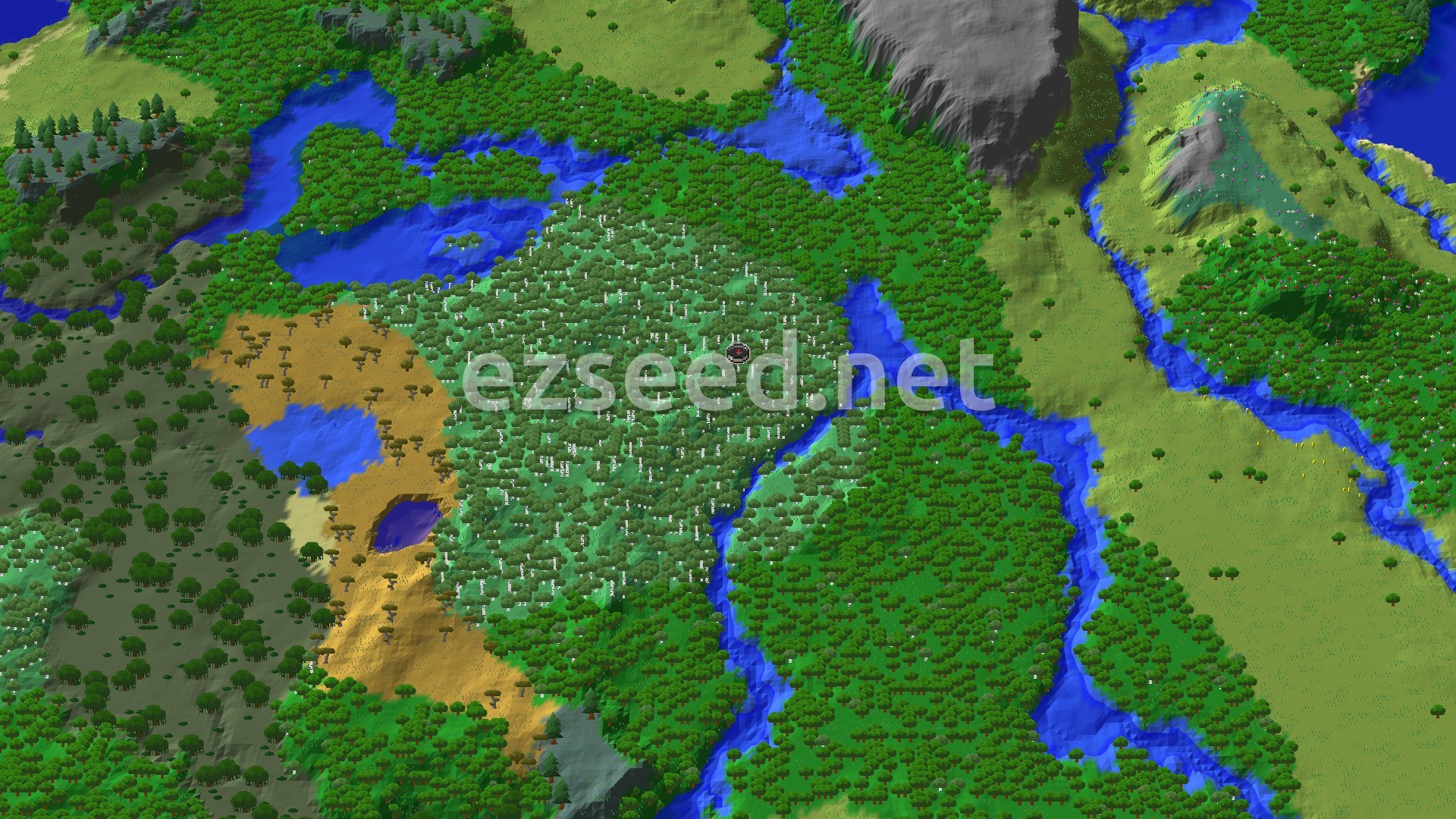 An aerial view of a dense birch forest at the center, surrounded by rivers and other forests, with a savanna biome to the southwest and a gray mountain to the north.