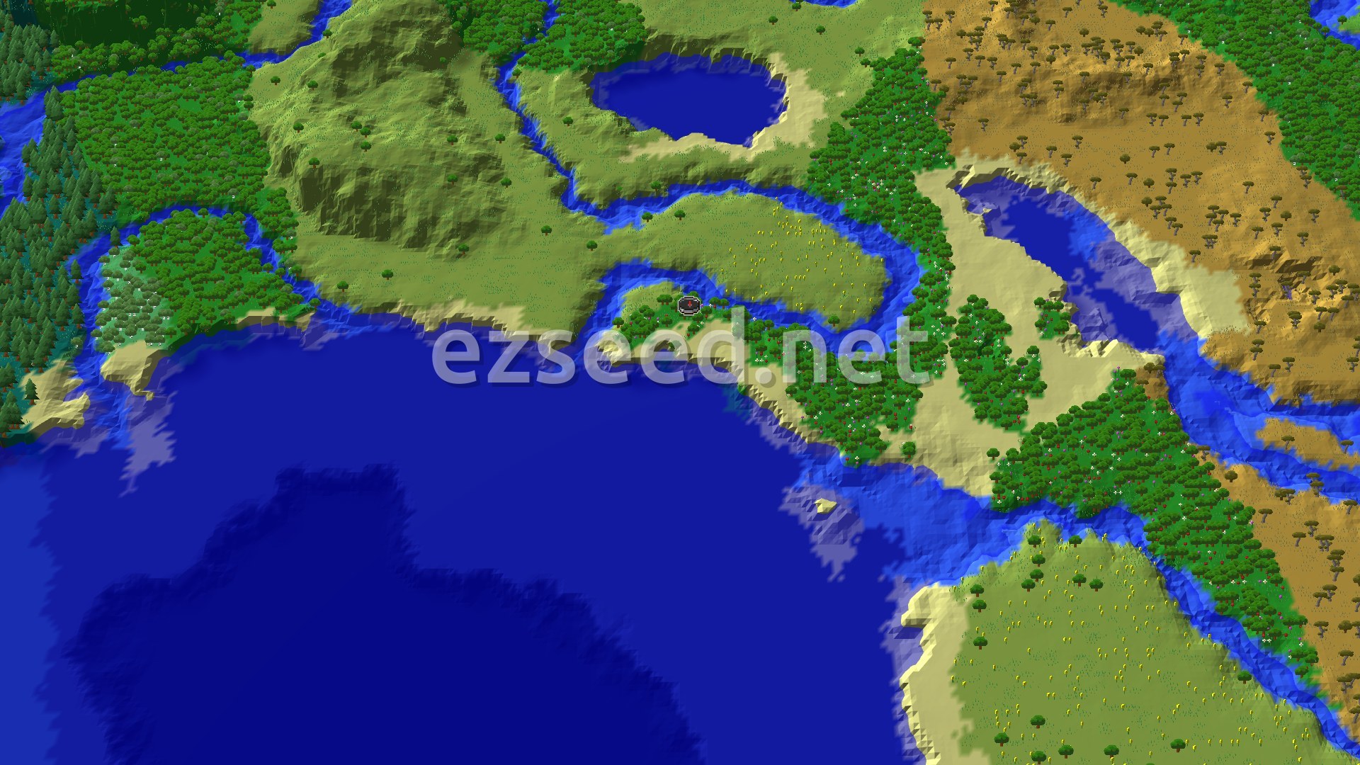 Aerial Minecraft seed map — Flower Forest and River Bend