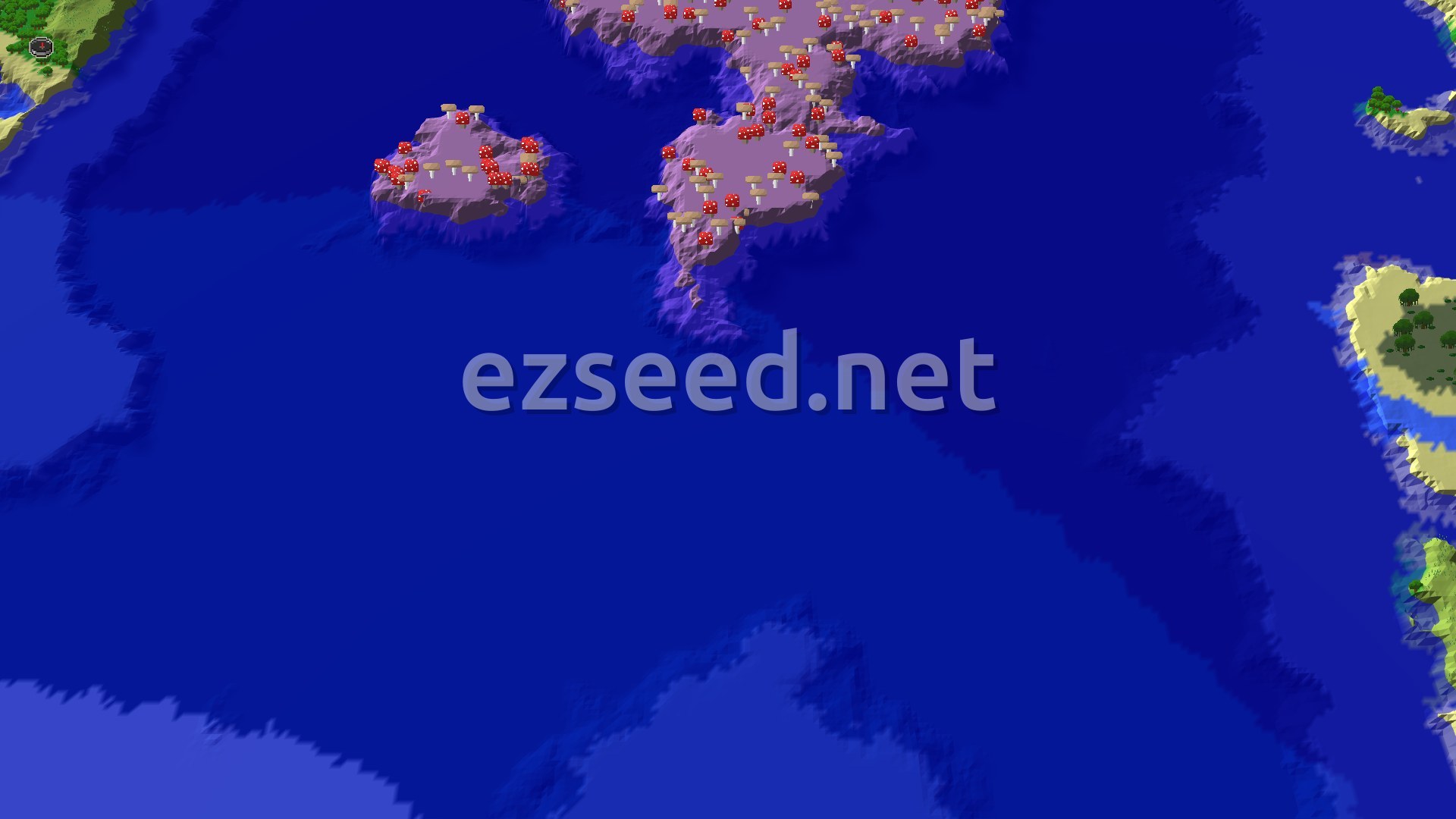 A 3D fly-over of a world with a large body of deep blue water, a tan beach and green forest on the left, and a purple island covered in red and white mushrooms in the upper right.