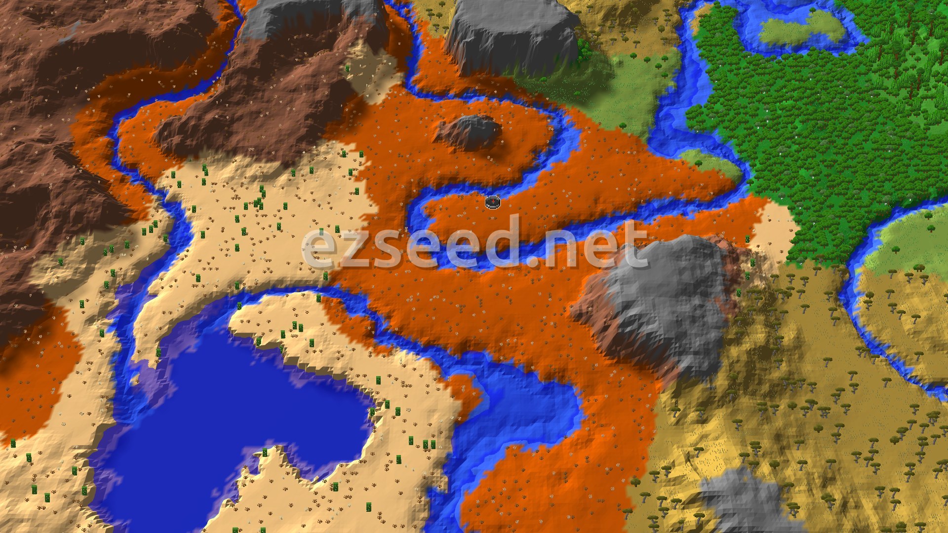 An aerial view showing a central eroded badlands spawn, surrounded by rivers, a desert, and a large forest to the east, with some savanna and rocky hills.