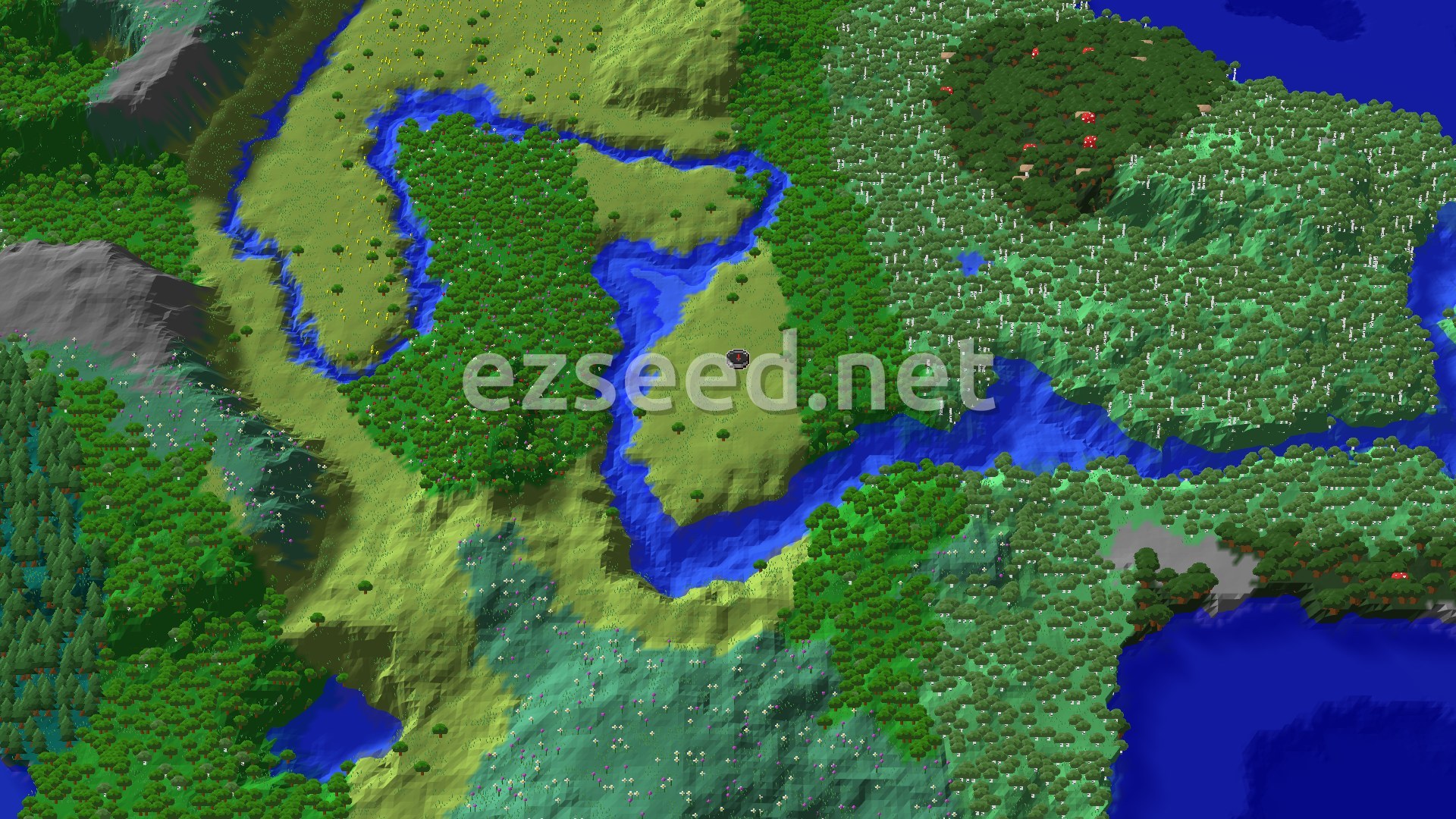 A bird's-eye view of a flat plains biome with scattered trees and a river, showing a small marker at the center indicating spawn.