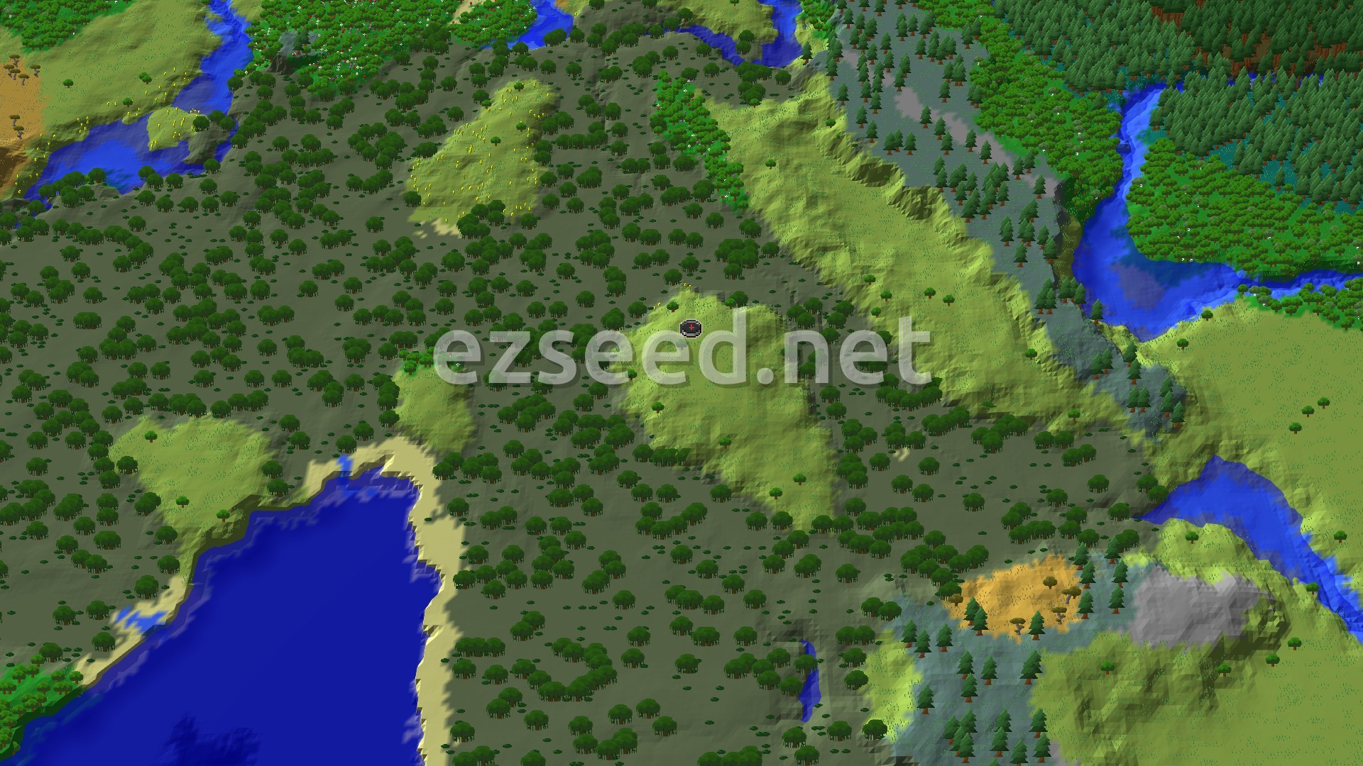 An aerial view shows a broad plains biome with a large, enclosed lake. Trees line parts of the shore, and rolling hills are visible in the distance.