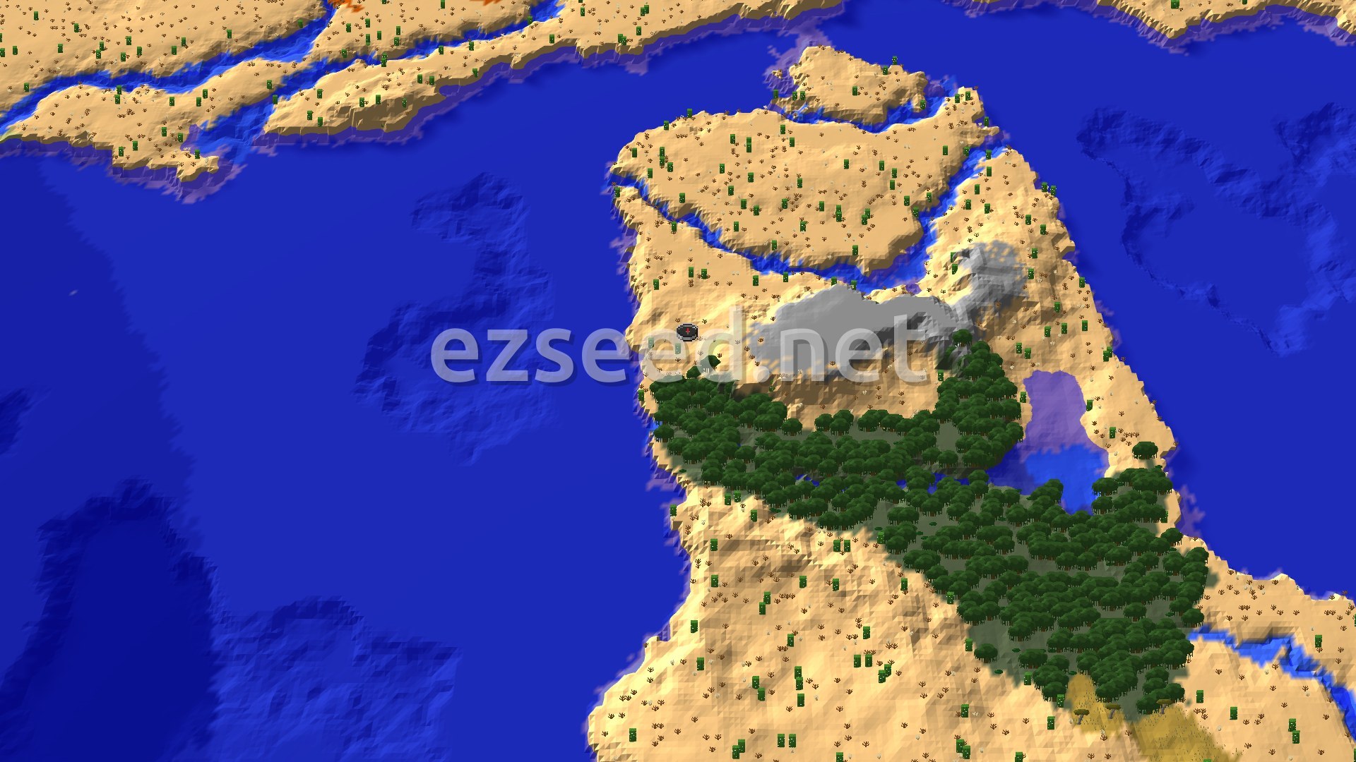 A bird's eye view shows a large desert landscape, with a significant mangrove swamp biome and an ocean to the west.