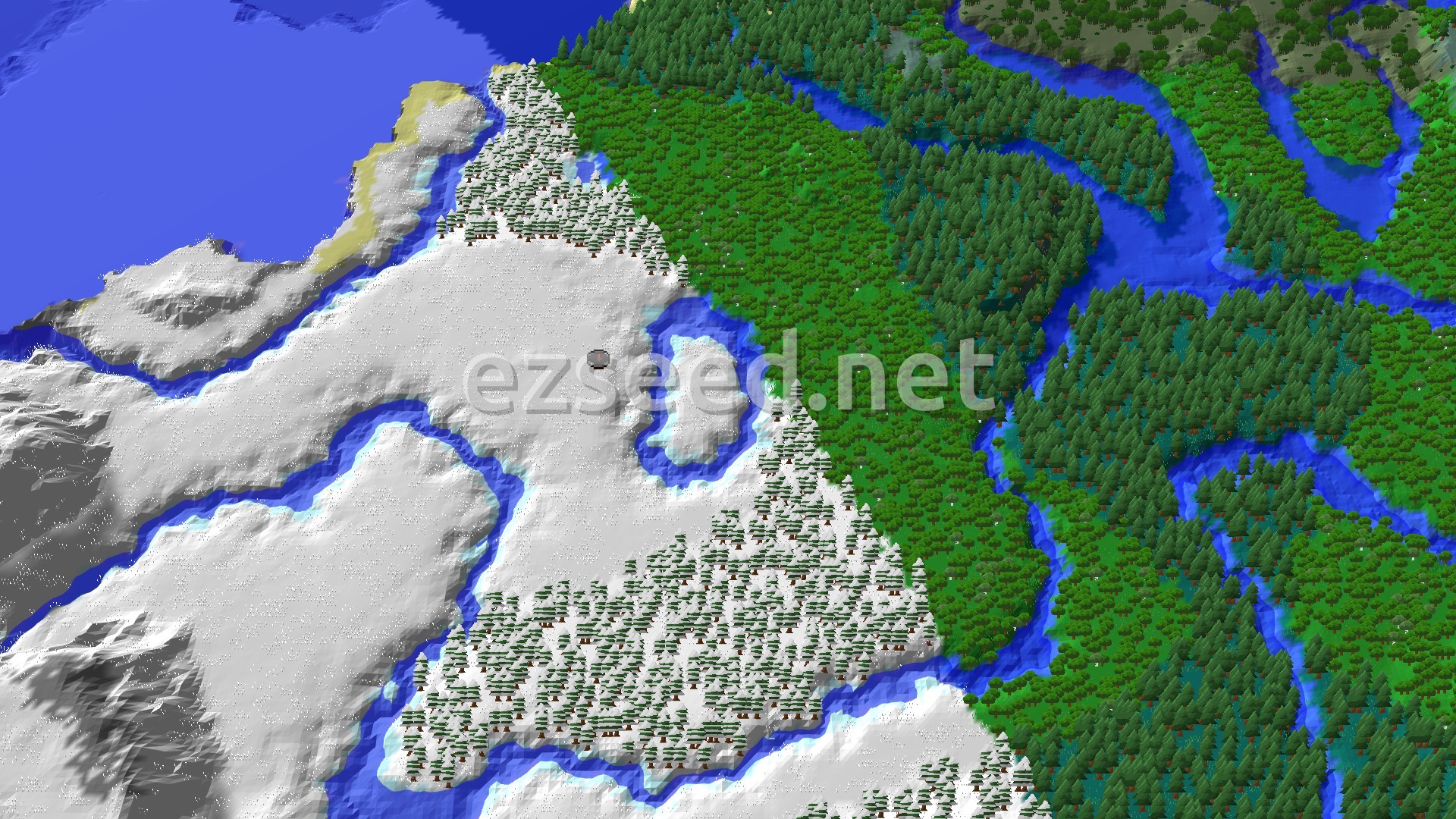 An aerial view of a snowy plains landscape, dotted with sparse trees and a winding frozen river, under a clear sky.