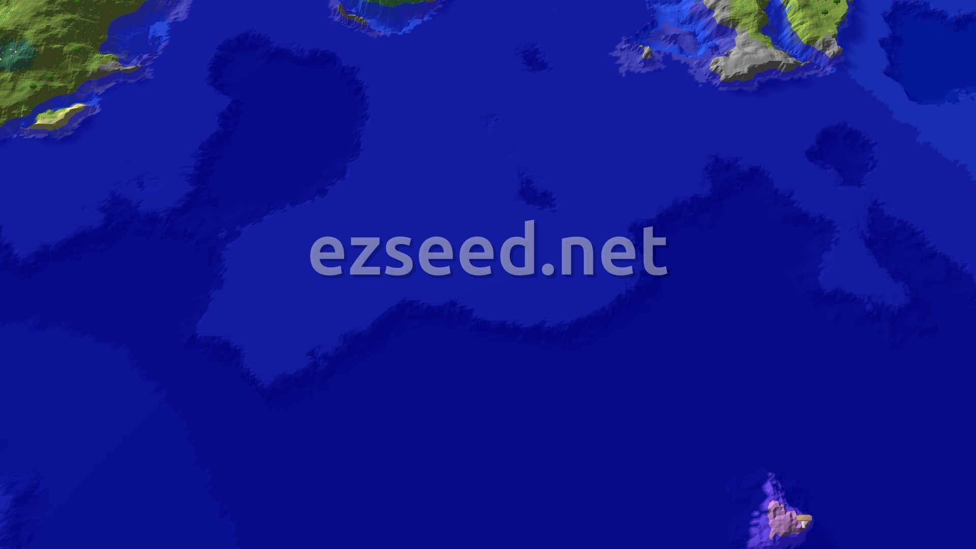 A 3D fly-over of a world, showing mostly deep blue ocean with a few green and grey landmasses peeking out at the edges, and a small purple island in the bottom right corner.